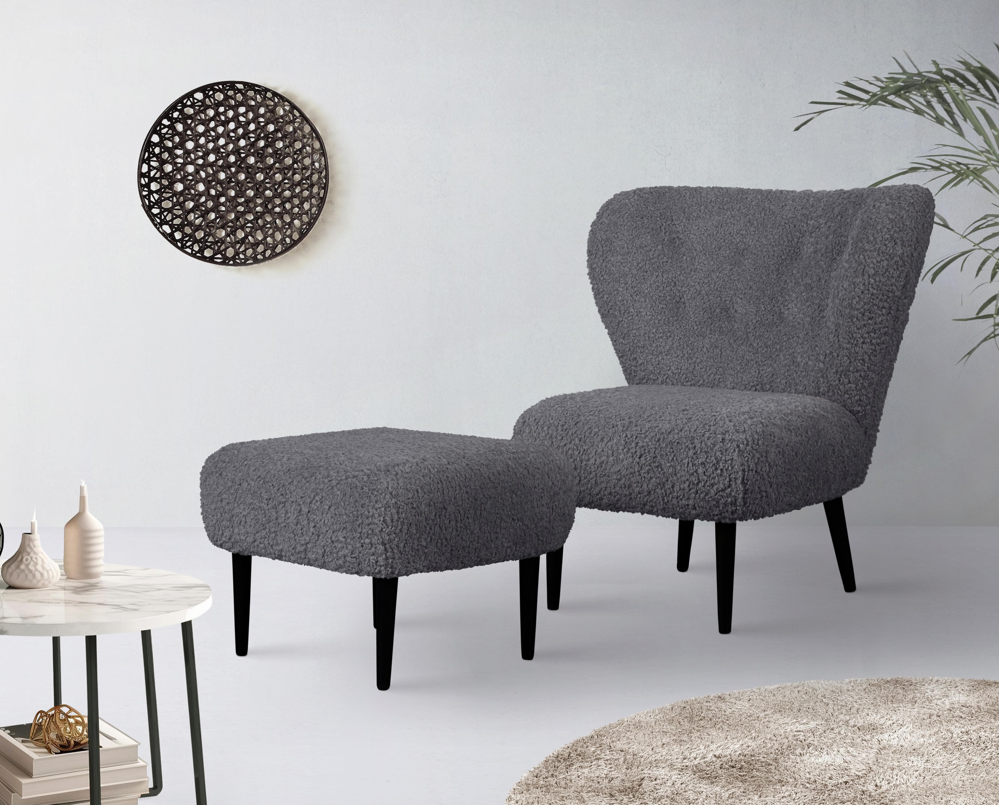 LeGer Home Sessel Dinah Dunkelgrau mit Hocker Bouclé