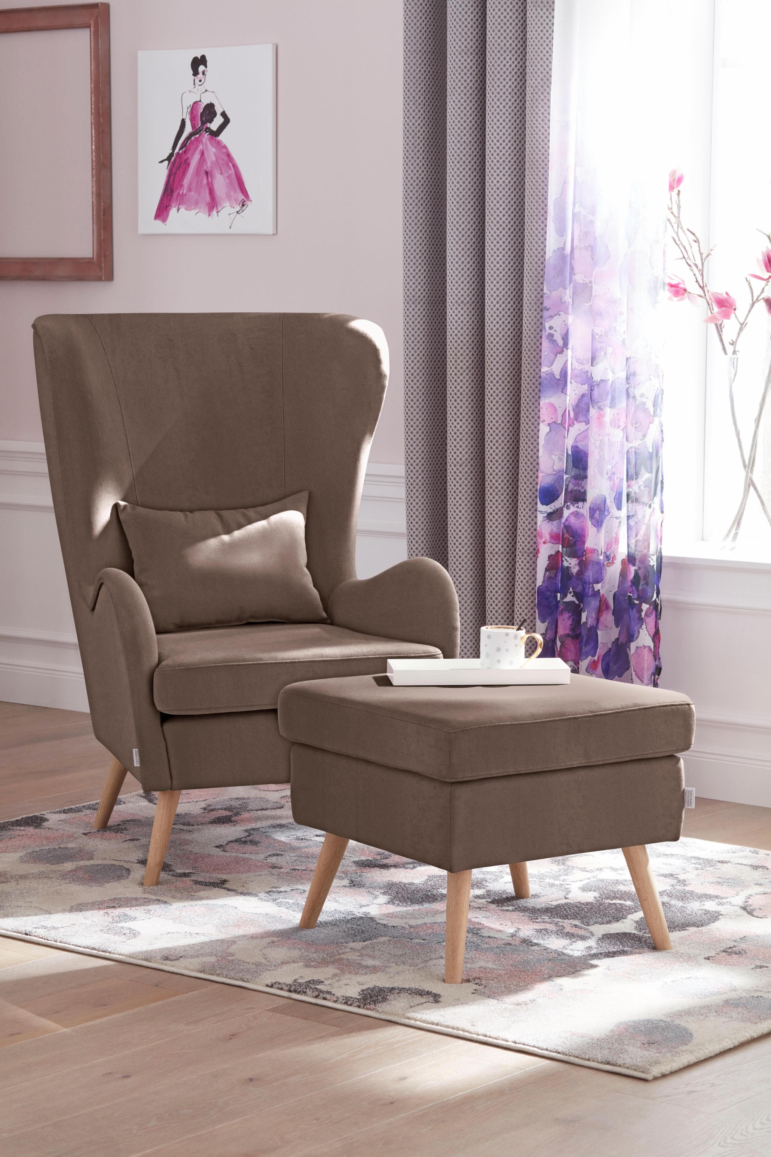 Home Affaire Sessel Salla Taupe Samtoptik mit Hocker