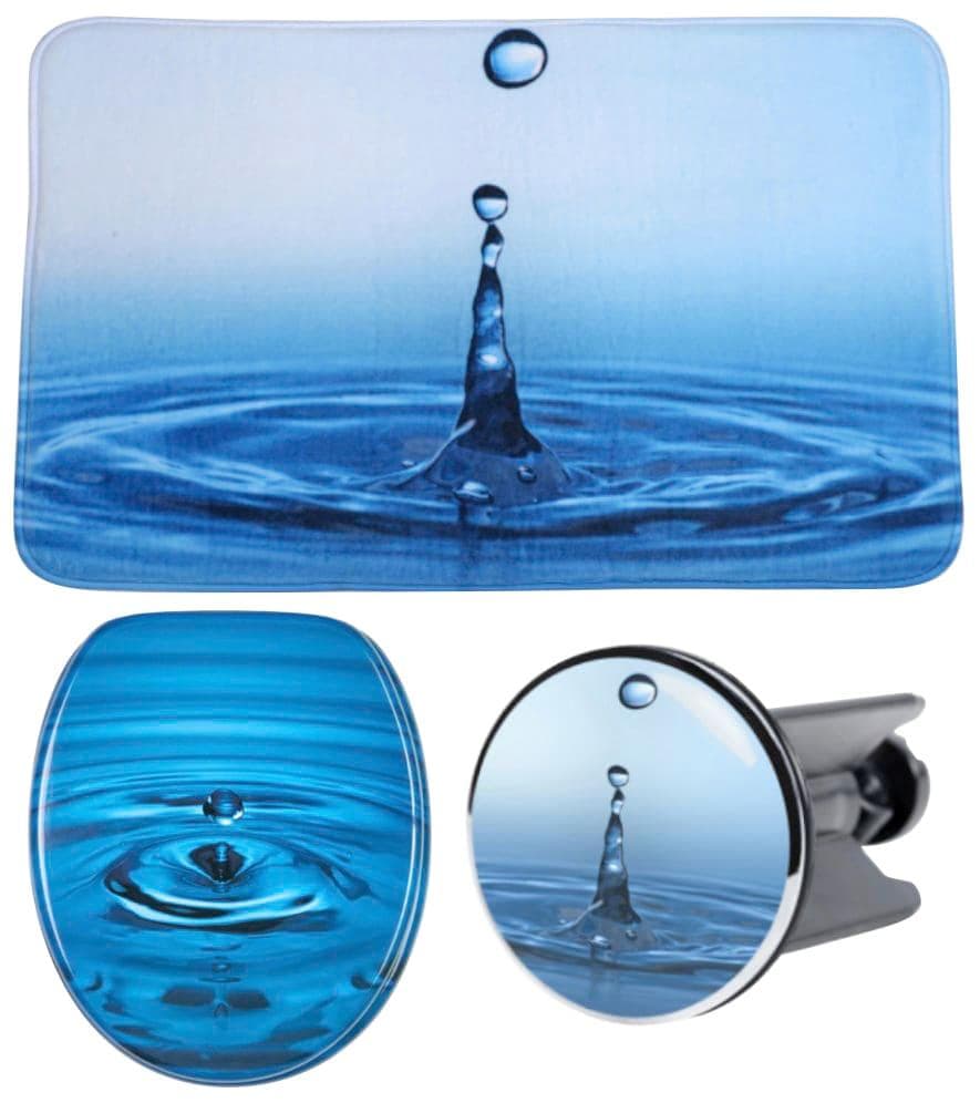 SANILO Badaccessoire-Set Wassertropfen Blau mit WC-Sitz, Teppich und Stöpsel