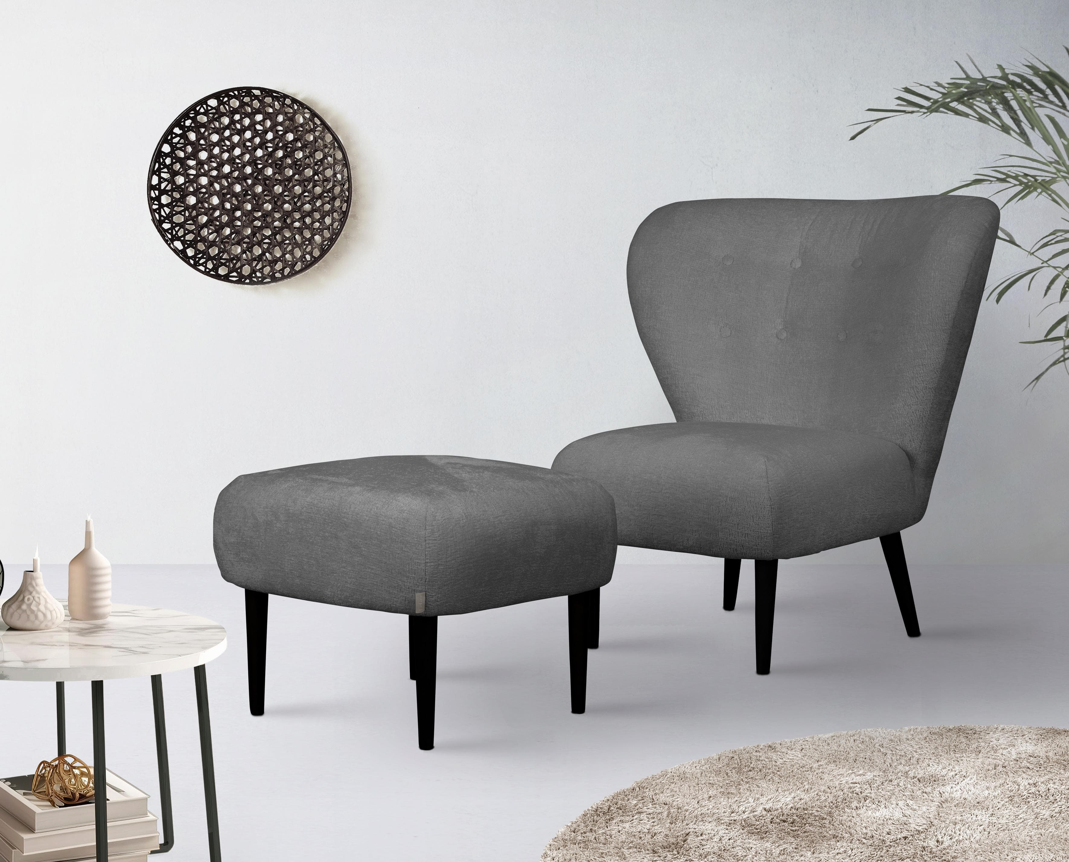 Sessel Dinah Anthrazit mit Hocker 100% Polyester
