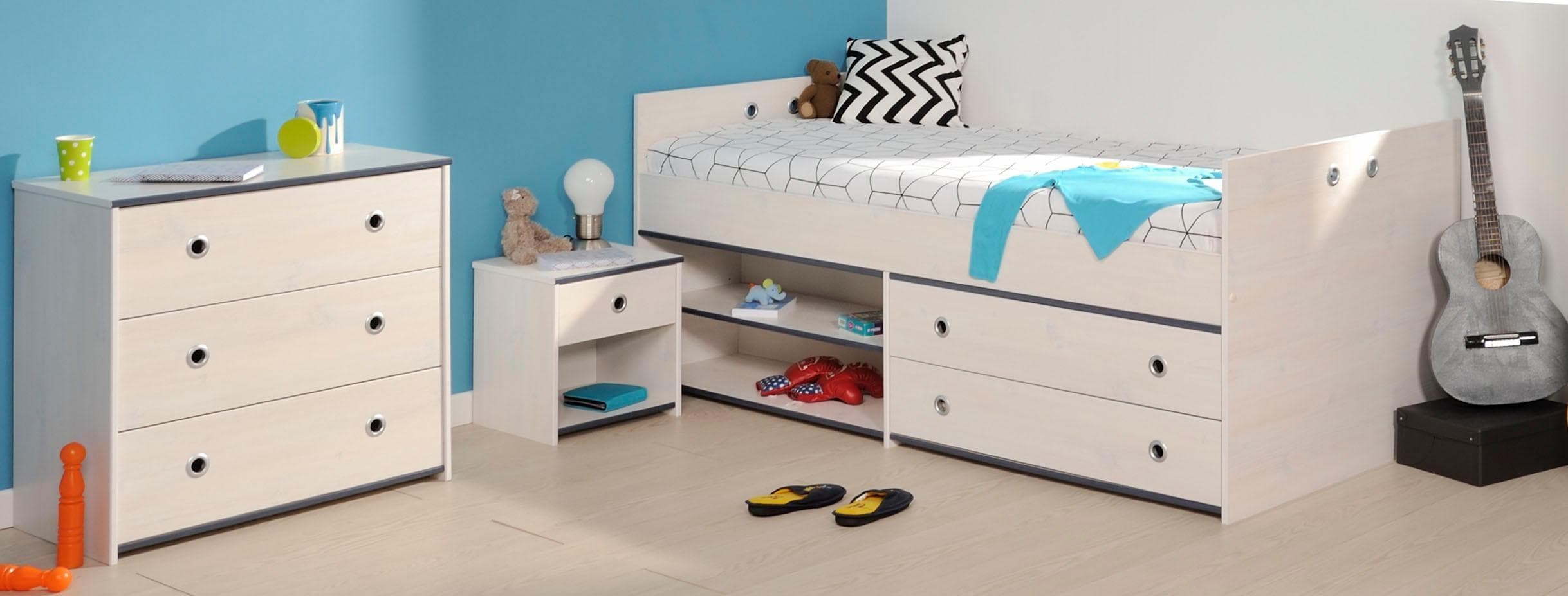 Praktisches Stauraumbett-Set mit Nachttisch und Kommode