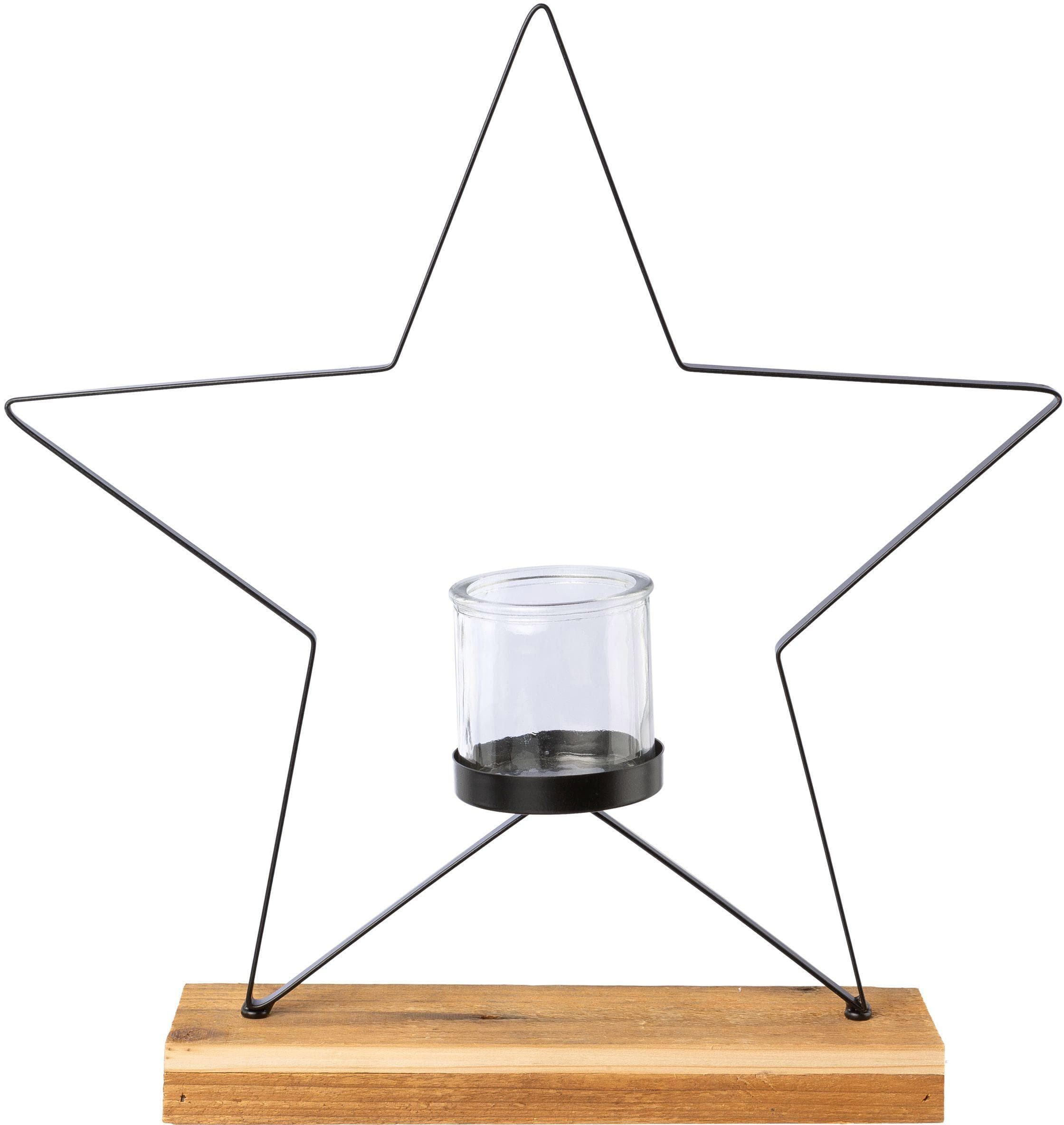 Modernes Windlicht in Stern-Form aus Metall und Holz