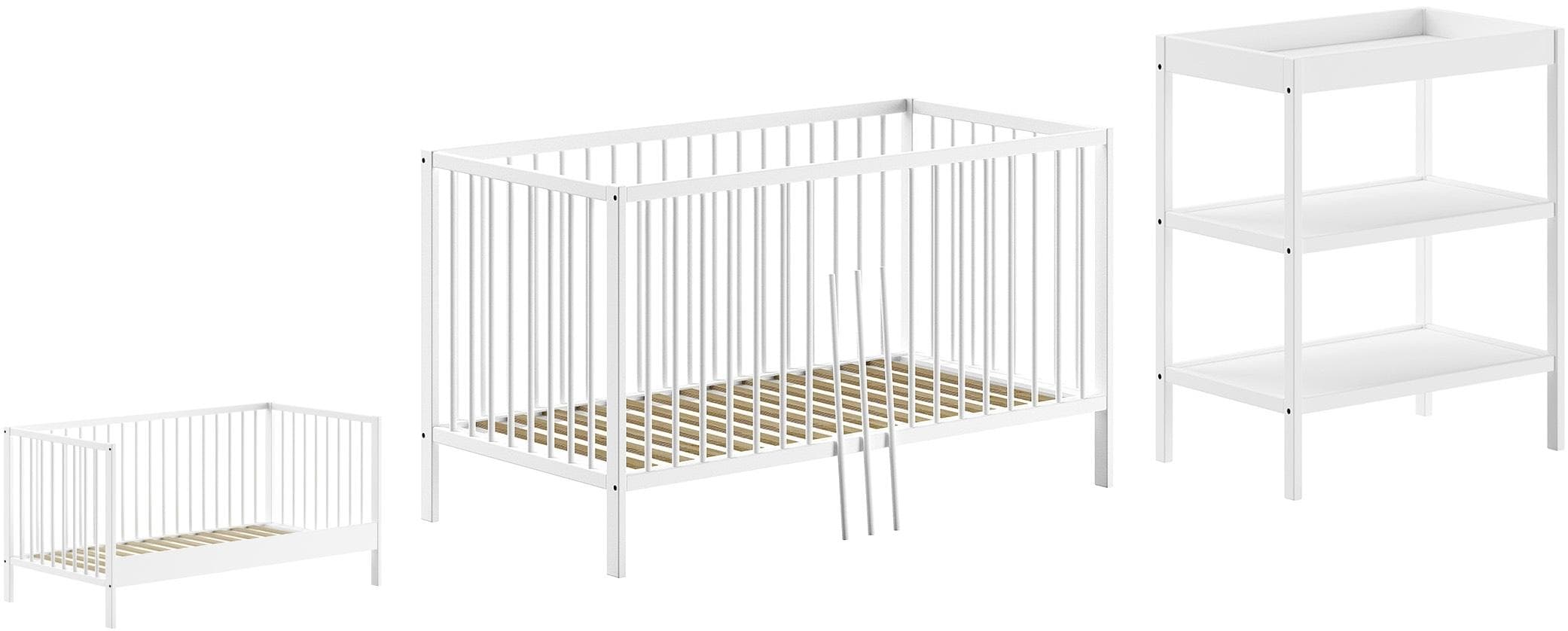 VIPACK Baby-/Juniorbett Set mit Wickelregal Weiß Massivholz