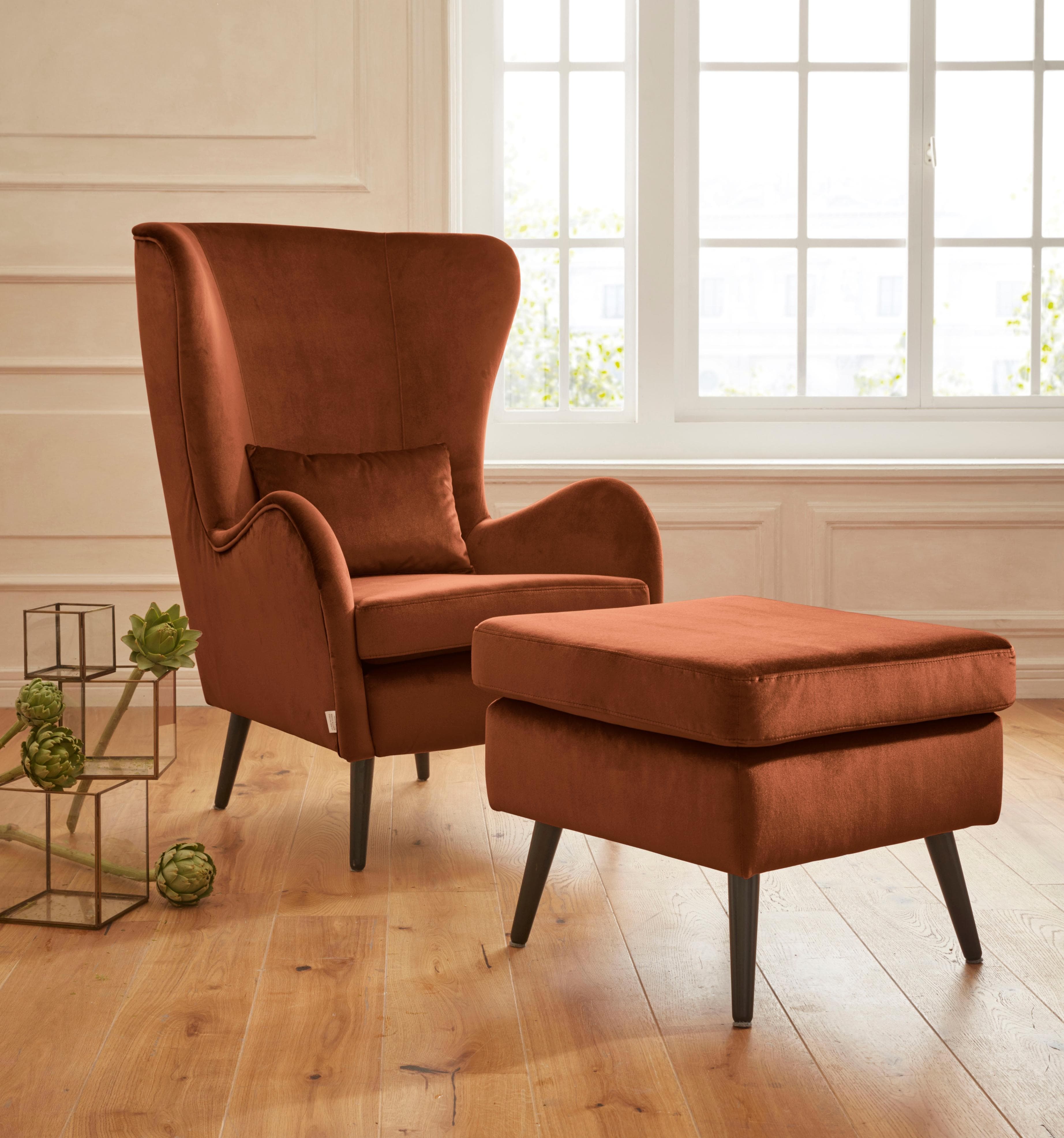 HOME AFFAIRE Salla Sessel mit Hocker Samtoptik Terra Orange