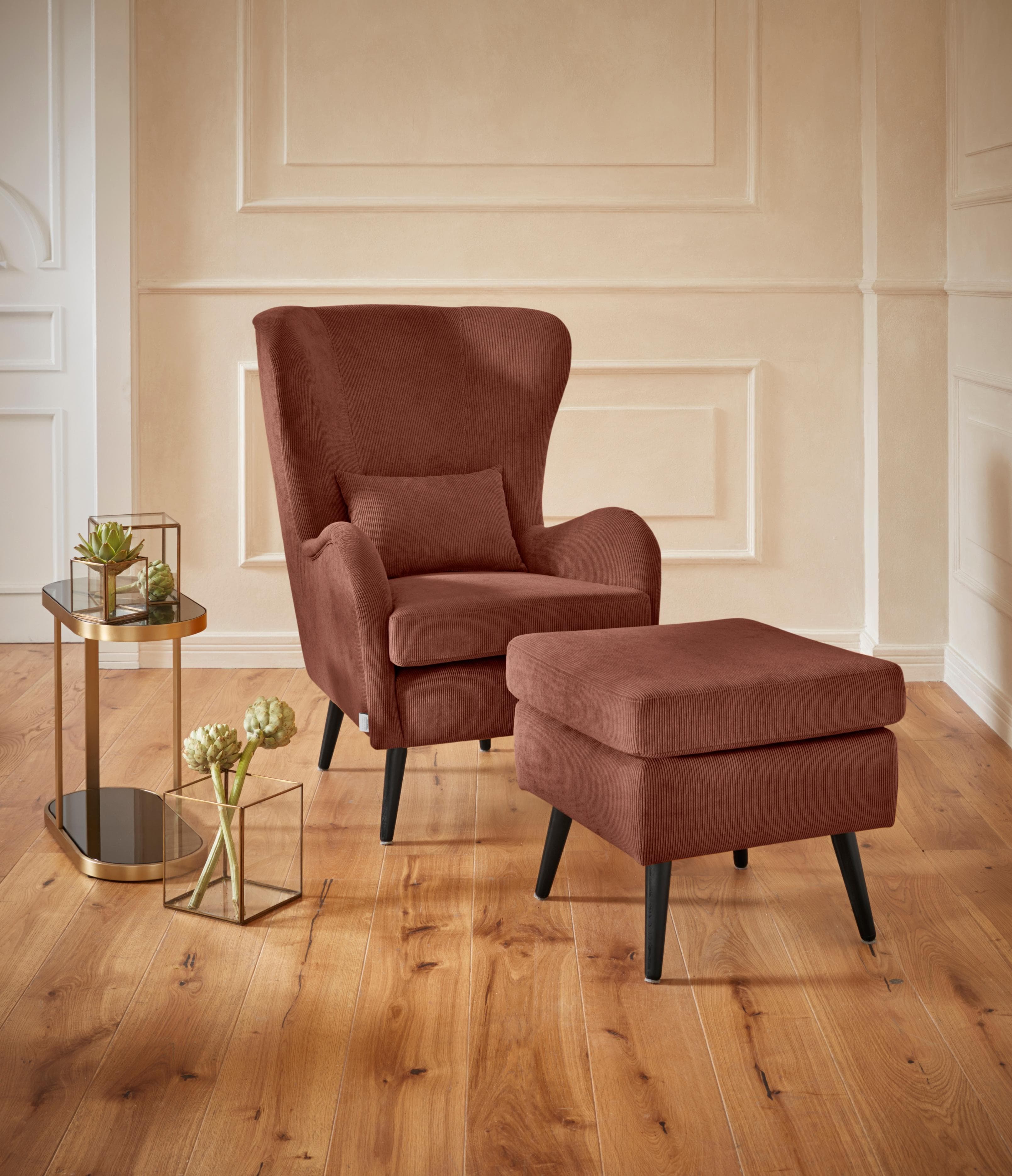 HOME AFFAIRE Sessel Salla mit Hocker Samtcord Terra