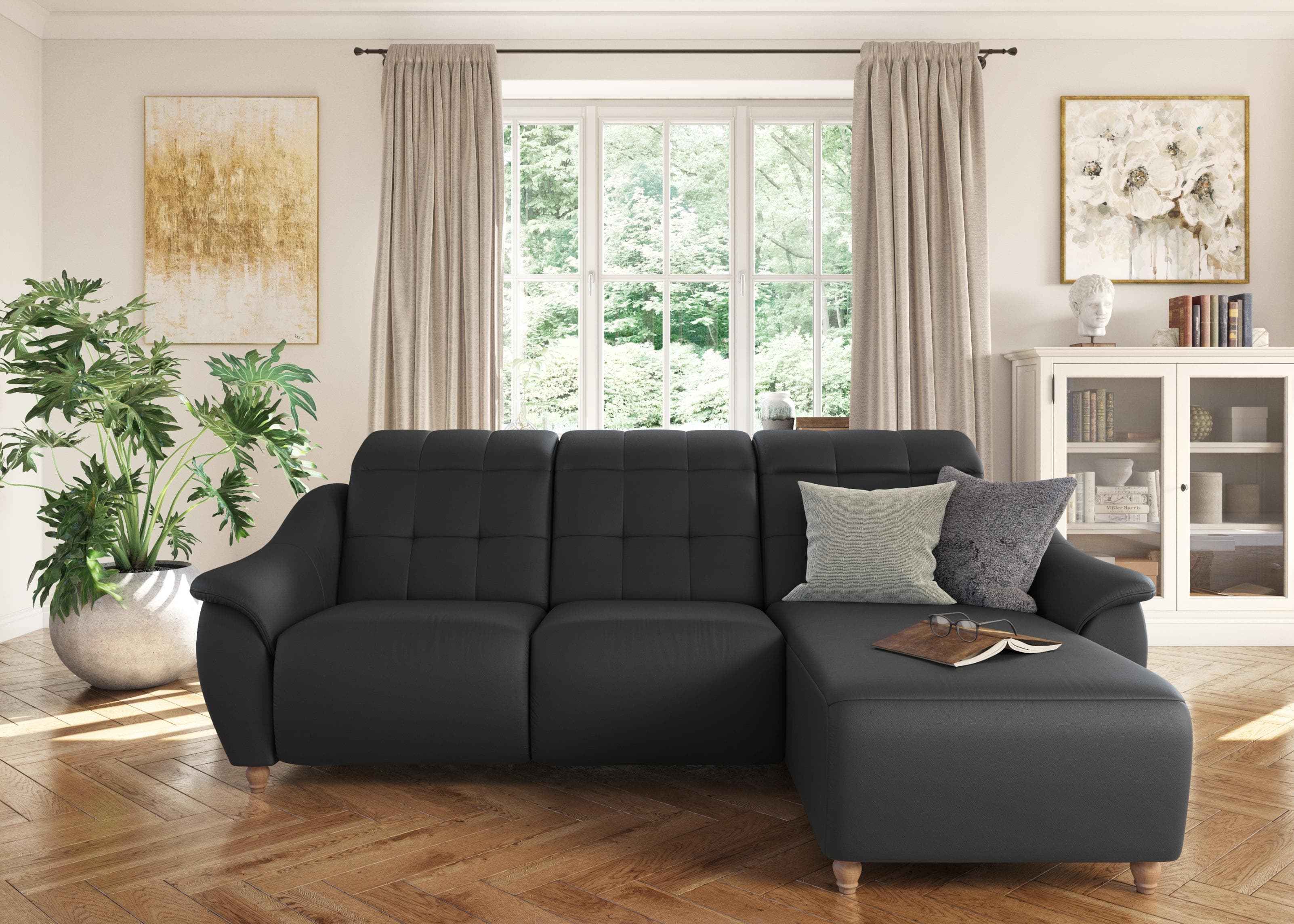 HOME AFFAIRE Boston L-Form Ecksofa Schwarz mit Kopfteilverstellung