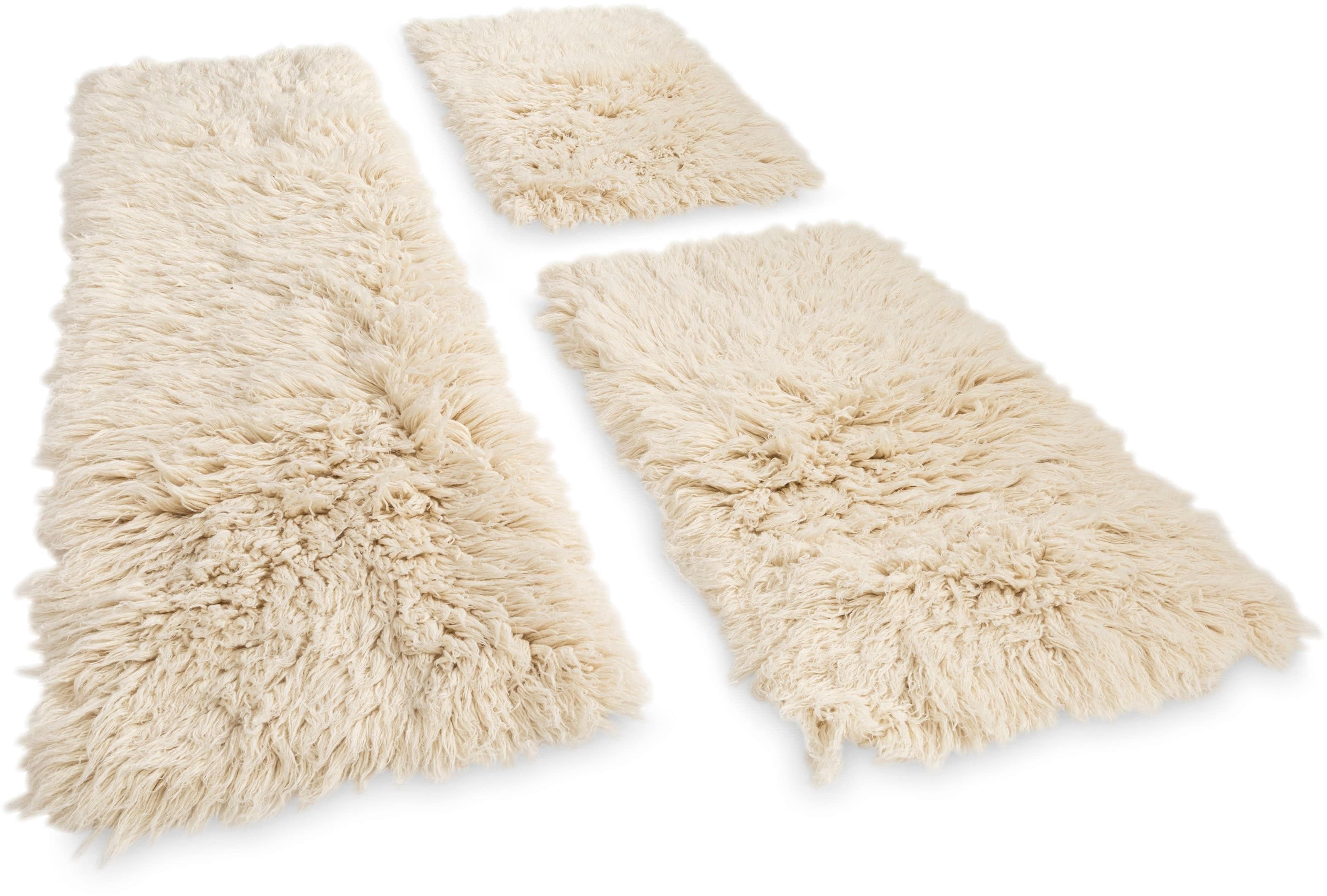 THEKO Flokati XXL Bettumrandung Set 3-tlg. Beige 100% Wolle Handgewebt