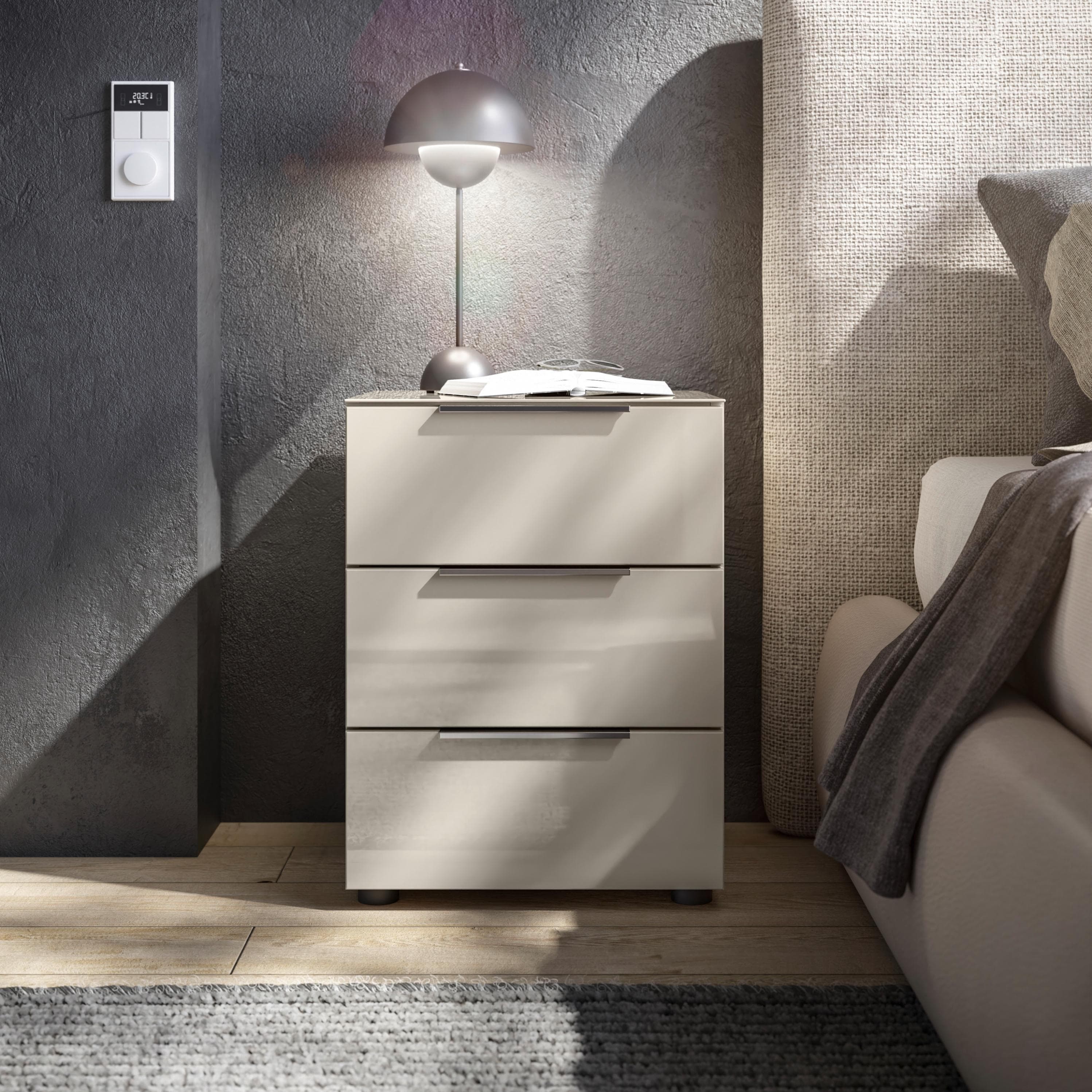 HBZ Santorin Nachtkonside Beige Glas 3 Schubladen Modern