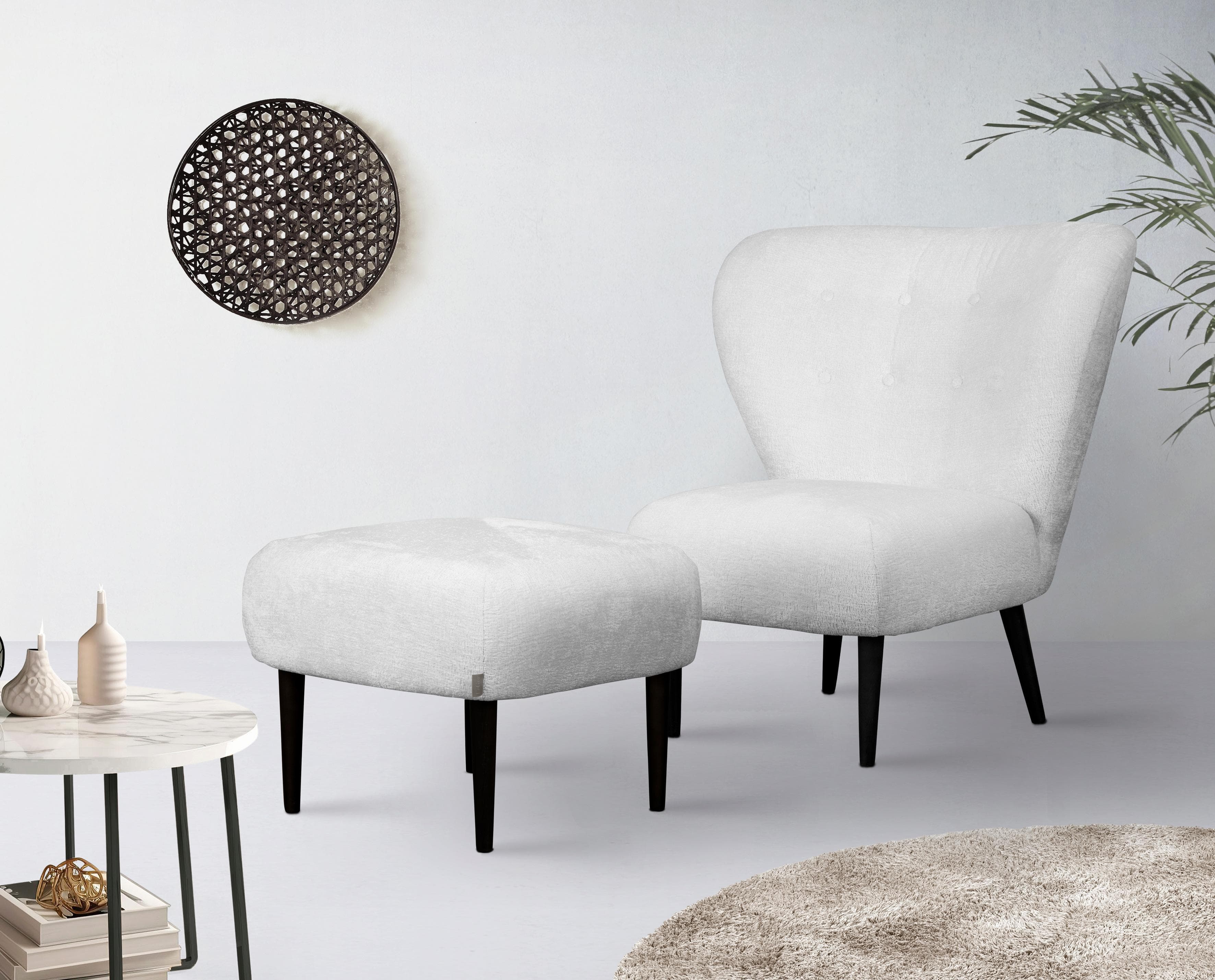 LeGer Home Sessel Dinah Weiß mit Hocker Ohrensessel