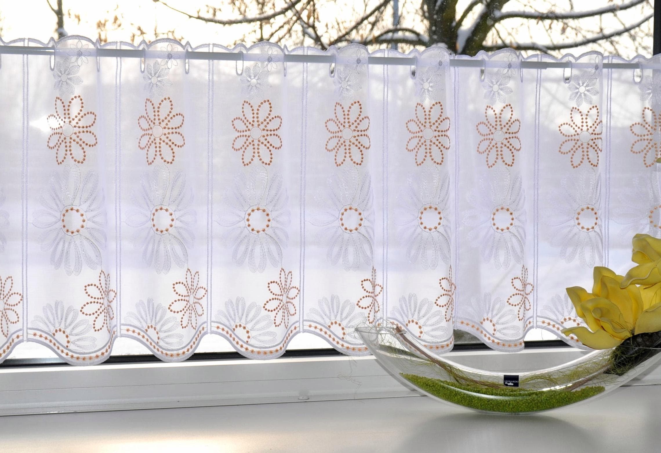 Stickereien Plauen Scheibengardine Lilienzeit Weiß/Beige Bestickt