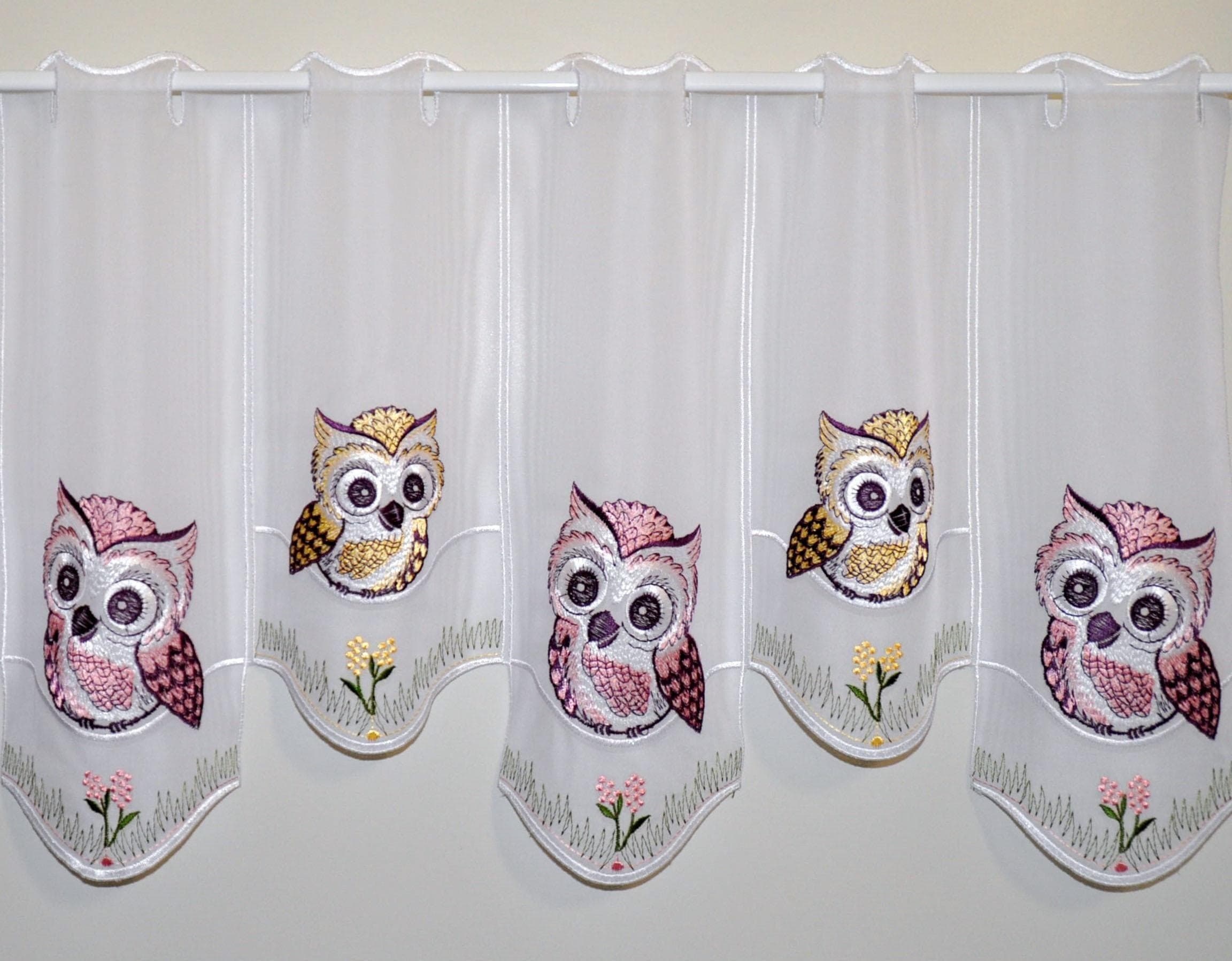 Gardine STICKEREIEN PLAUEN Eulen in Rosa-Braun 210x40cm Voile Polyester