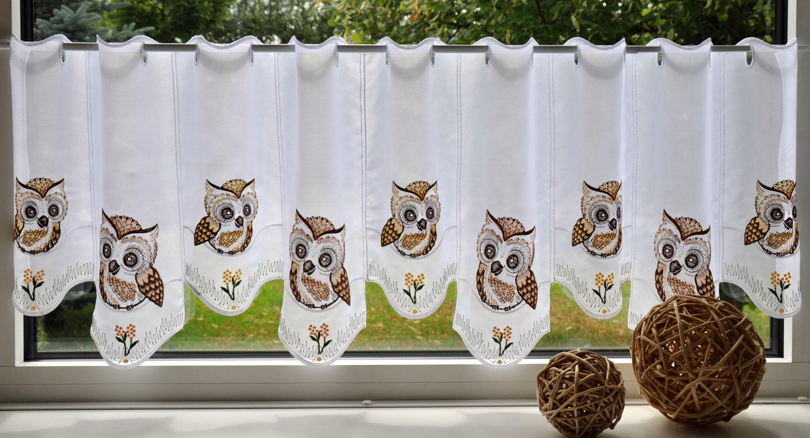 Scheibengardine Stickereien Plauen Eulen Beige/Braun 110x40 cm