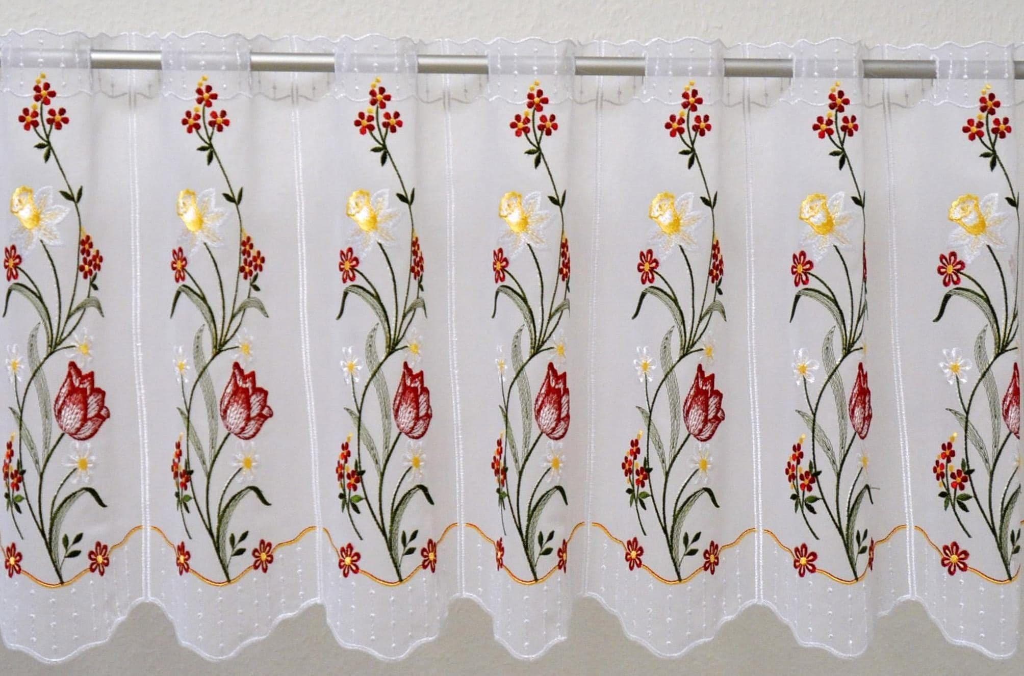 Stickereien Plauen Scheibengardine Tulpe Weiß Bestickt Voile
