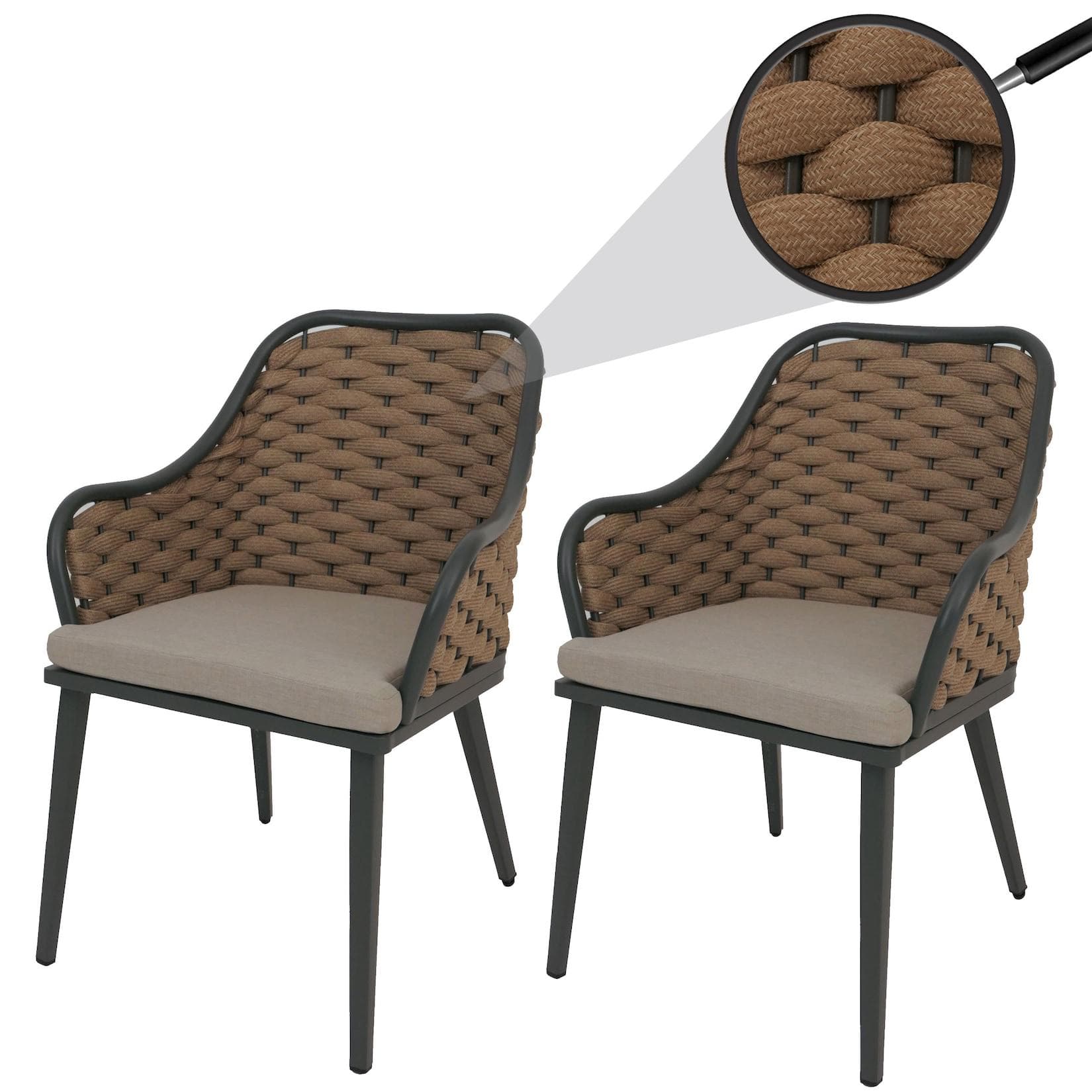 MCW 2er-Set Gartenstuhl mit Armlehne Olefin Seilgeflecht Beige/Braun