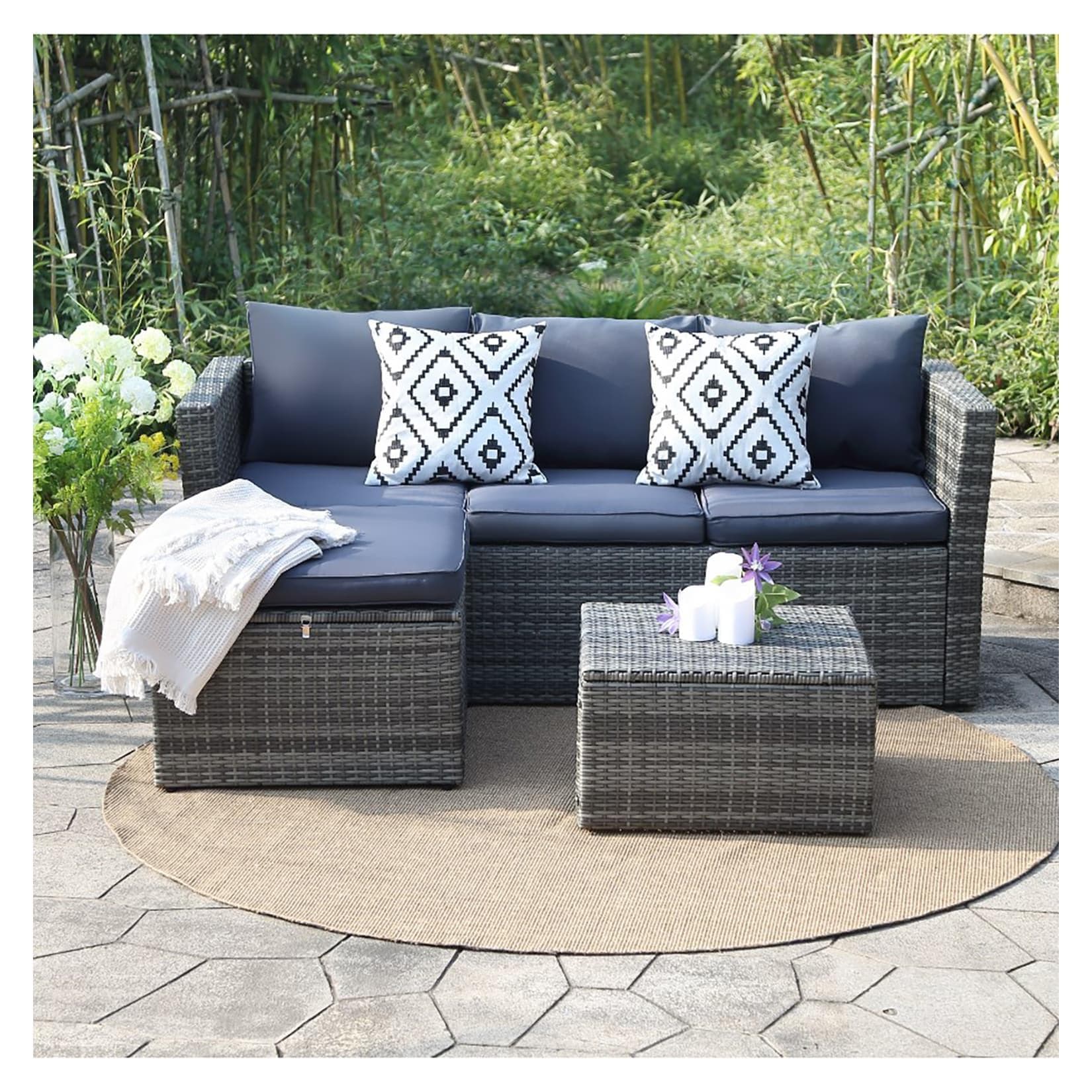 HTI-Living Garten-Essgruppe Outdoor Möbel Matze Blau 3-tlg. Grau Polyrattan