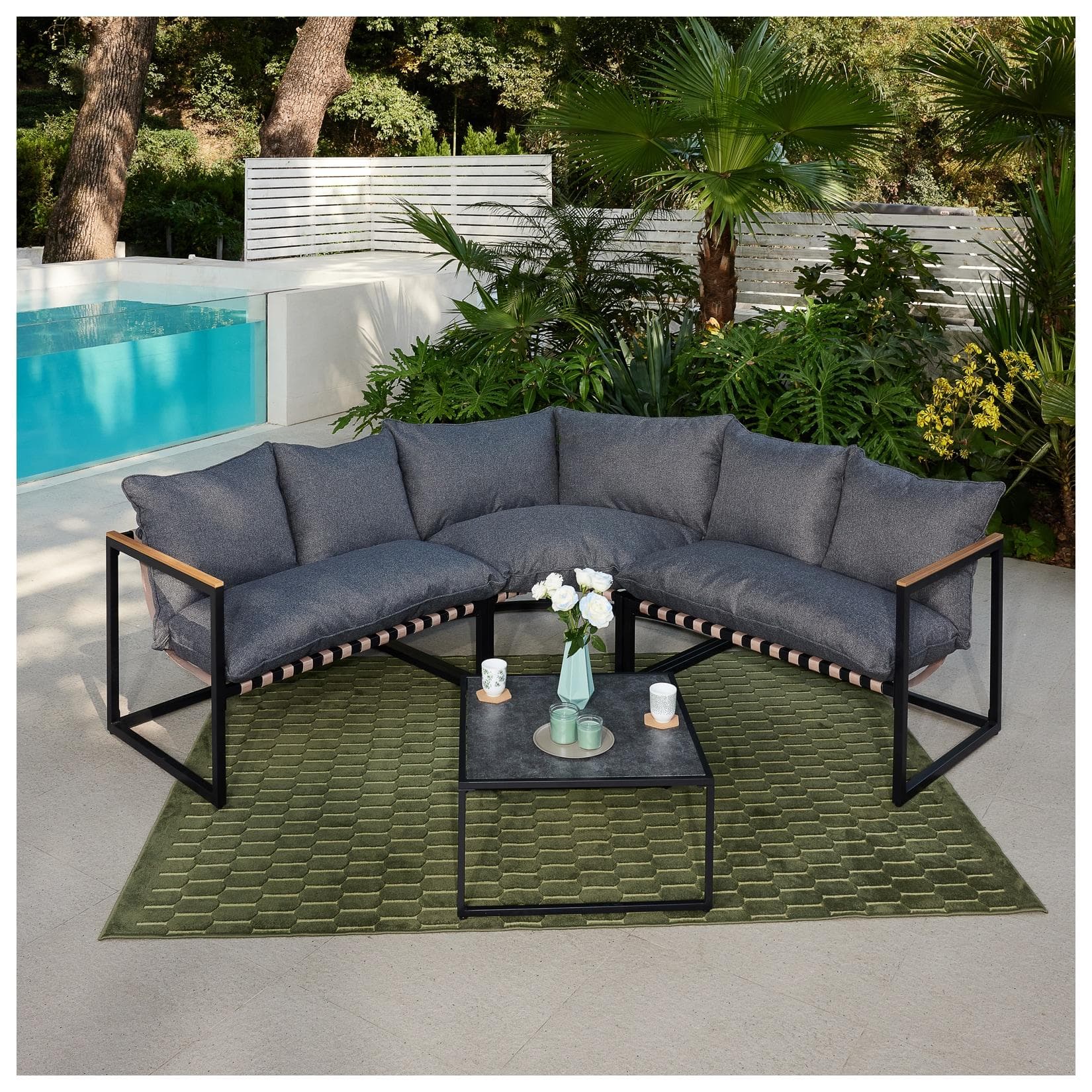HTI-Living Gartensitzgruppe Eckbank und Tisch Schwarz Grau mit Kissen