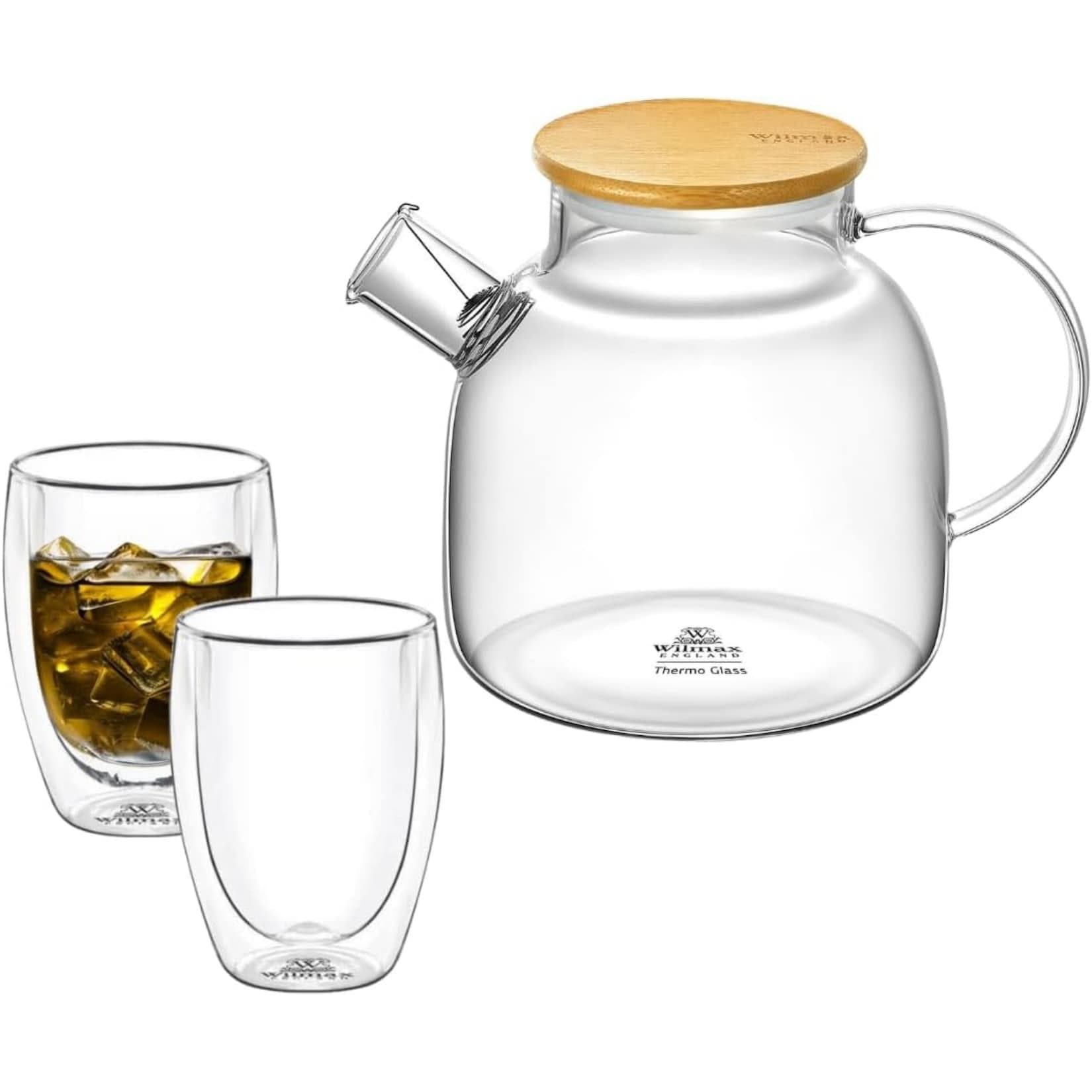 Wilmax Teekanne 1,2L mit Bambusdeckel & 2 Teegläser 400 ml