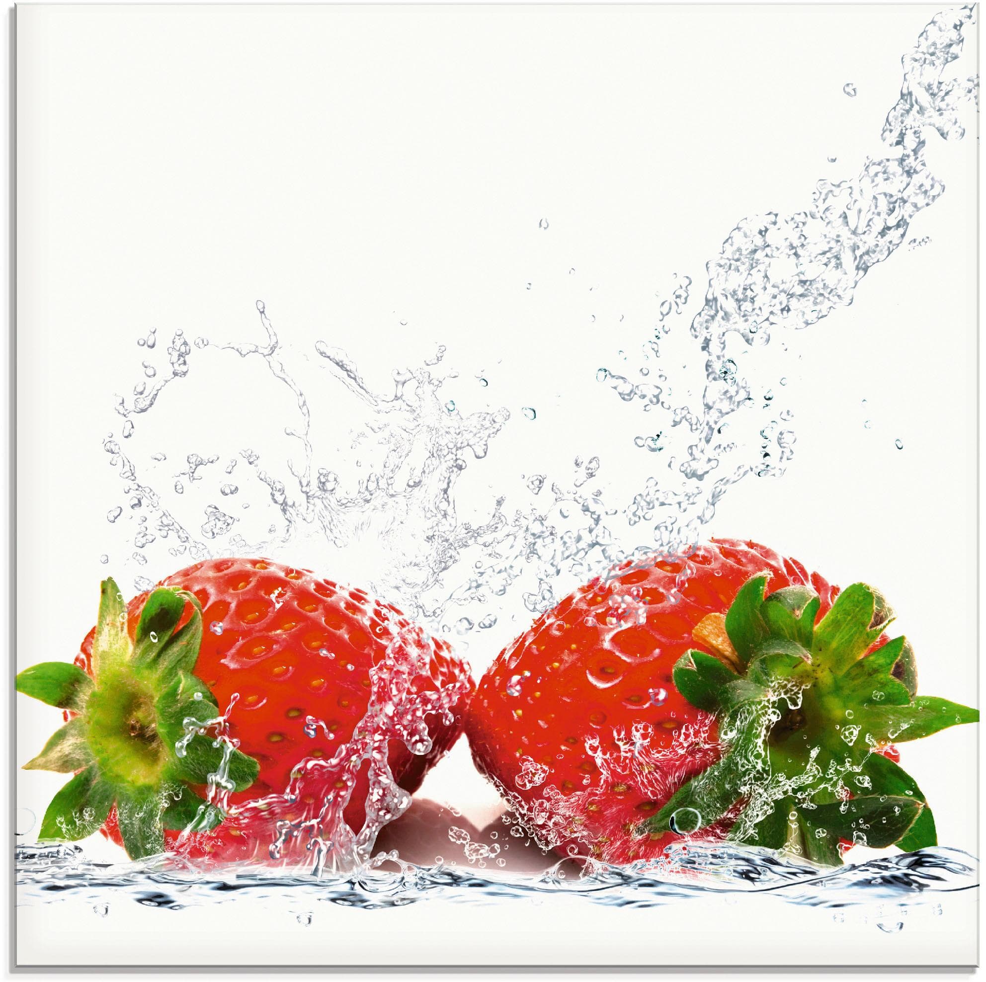 Artland Glasbild Erdbeeren mit Spritzwasser Lebensmittel