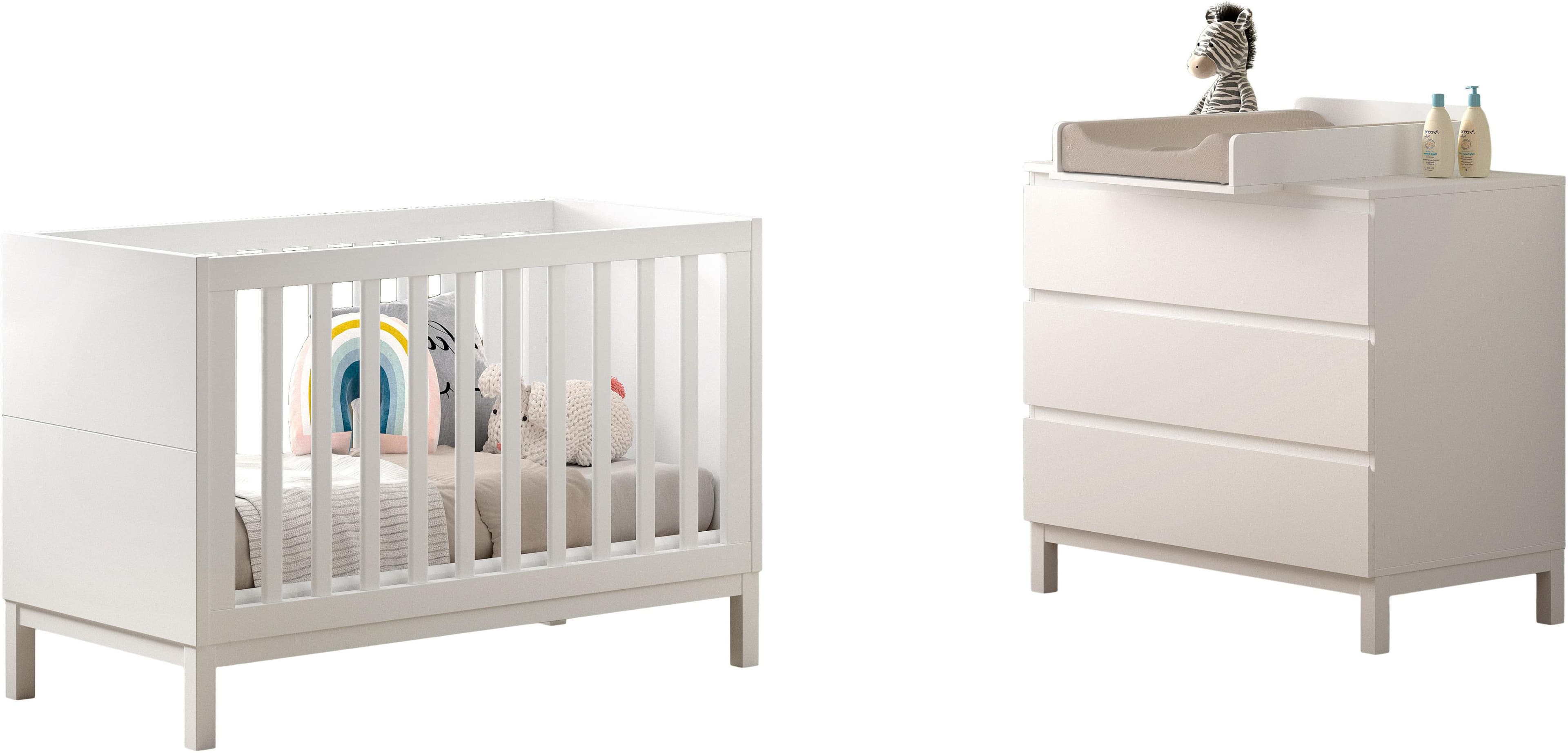 Babymöbel-Set VIPACK Babybett 60/120 Kommode 3 Schubladen Wickelaufsatz Weiß