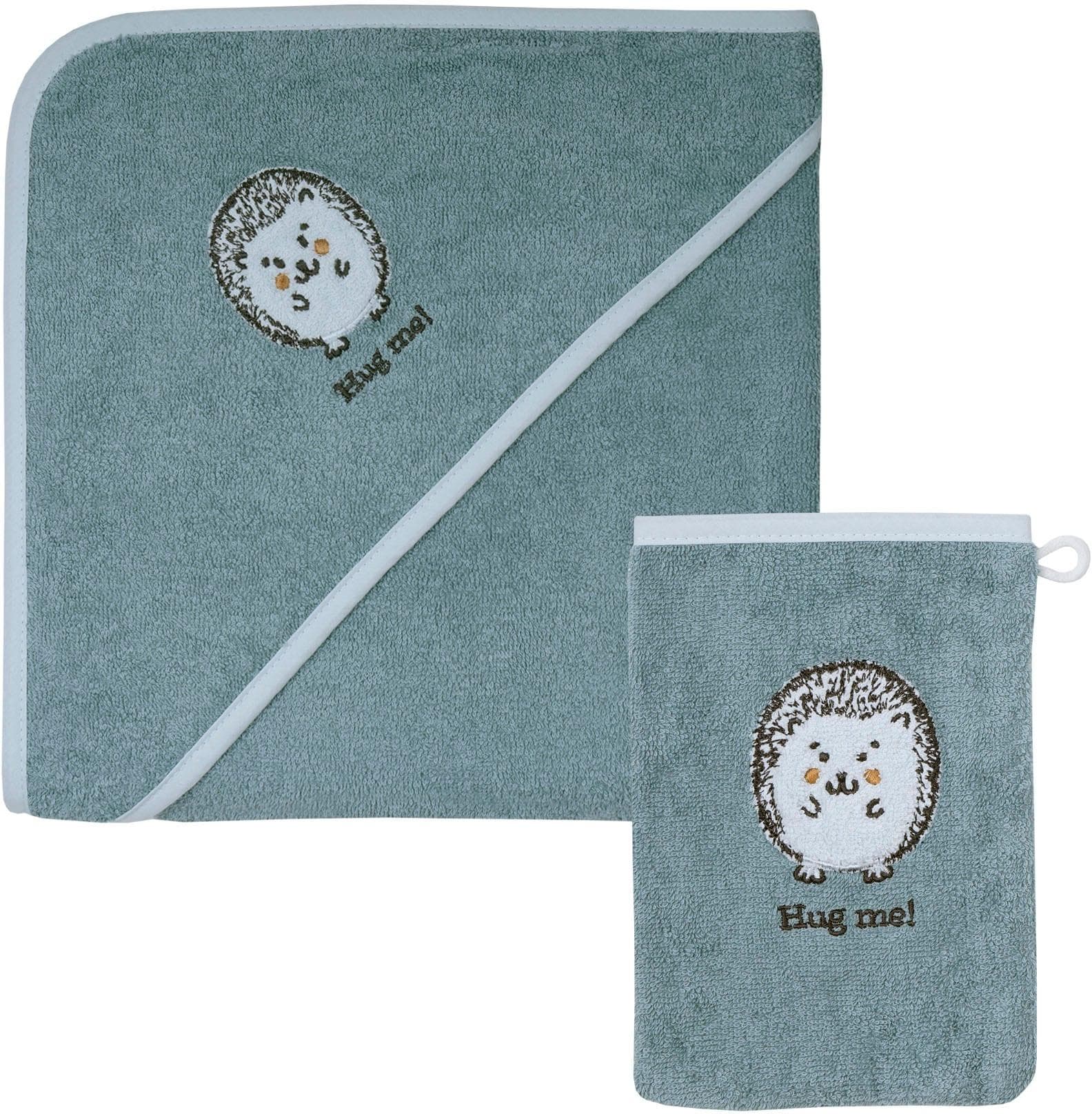 Wörner Handtuch Set Igel Blau Kapuzenbadetuch mit Waschhandschuh