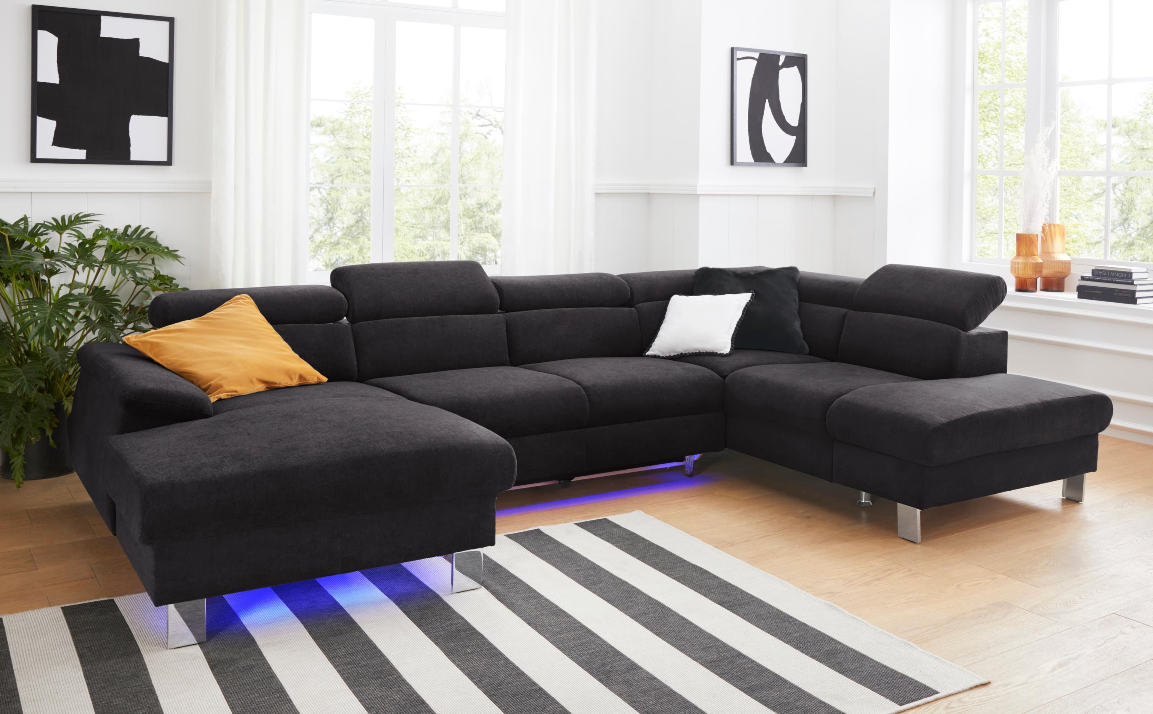COTTA Wohnlandschaft Komaris U-Form Schwarz mit LED-Beleuchtung