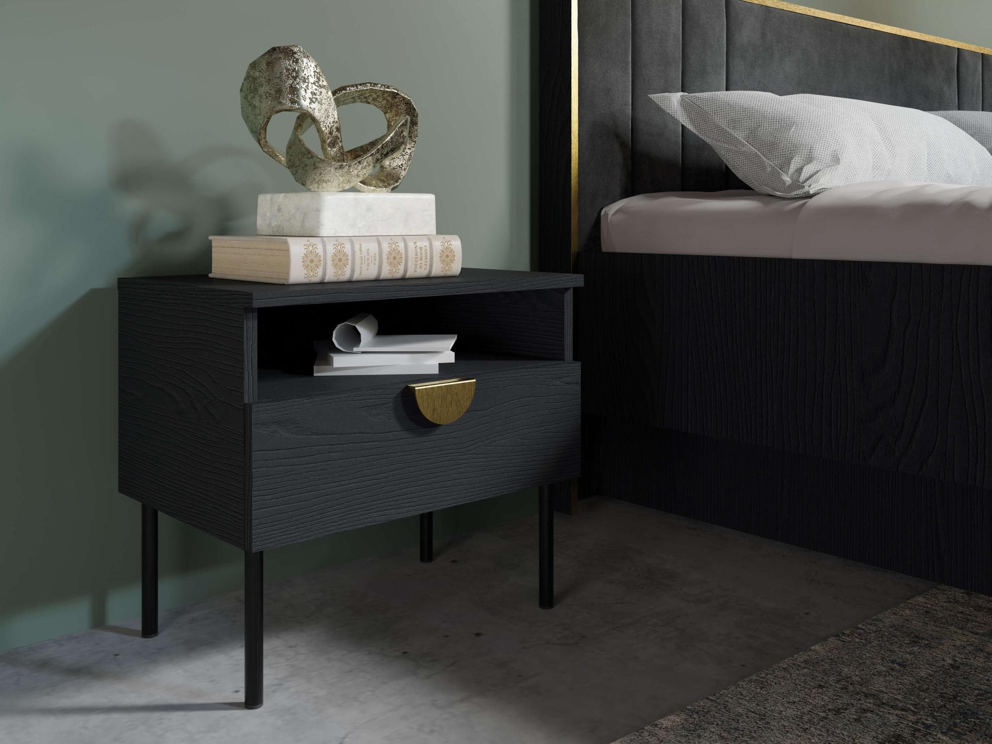 HOME AFFAIRE BELLOT 2er Set Nachtkonsole Schwarz Gold Metallgriffe