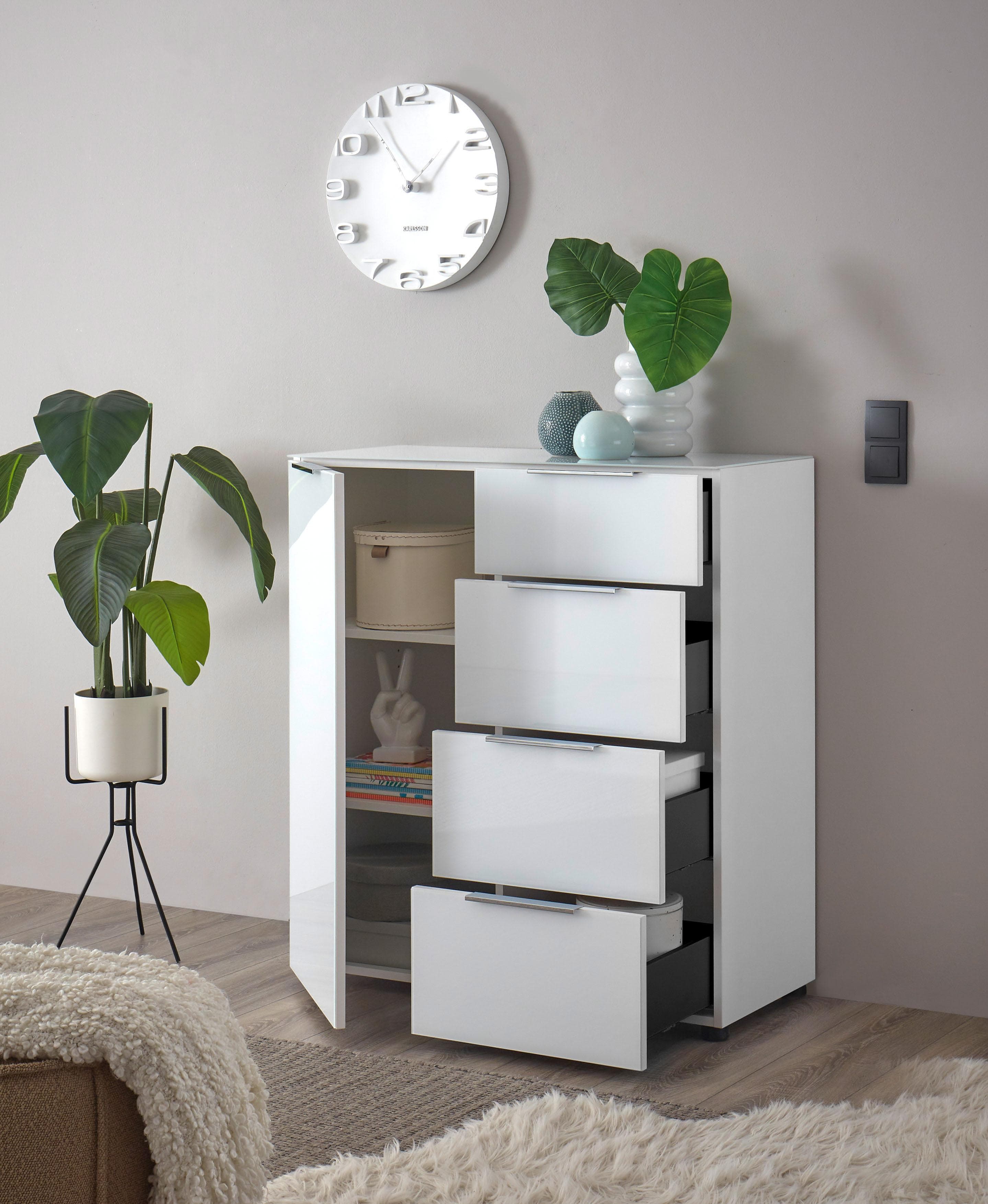 HBZ Santorin Sideboard Weiß mit Glasfront und Softclose-Schubkästen
