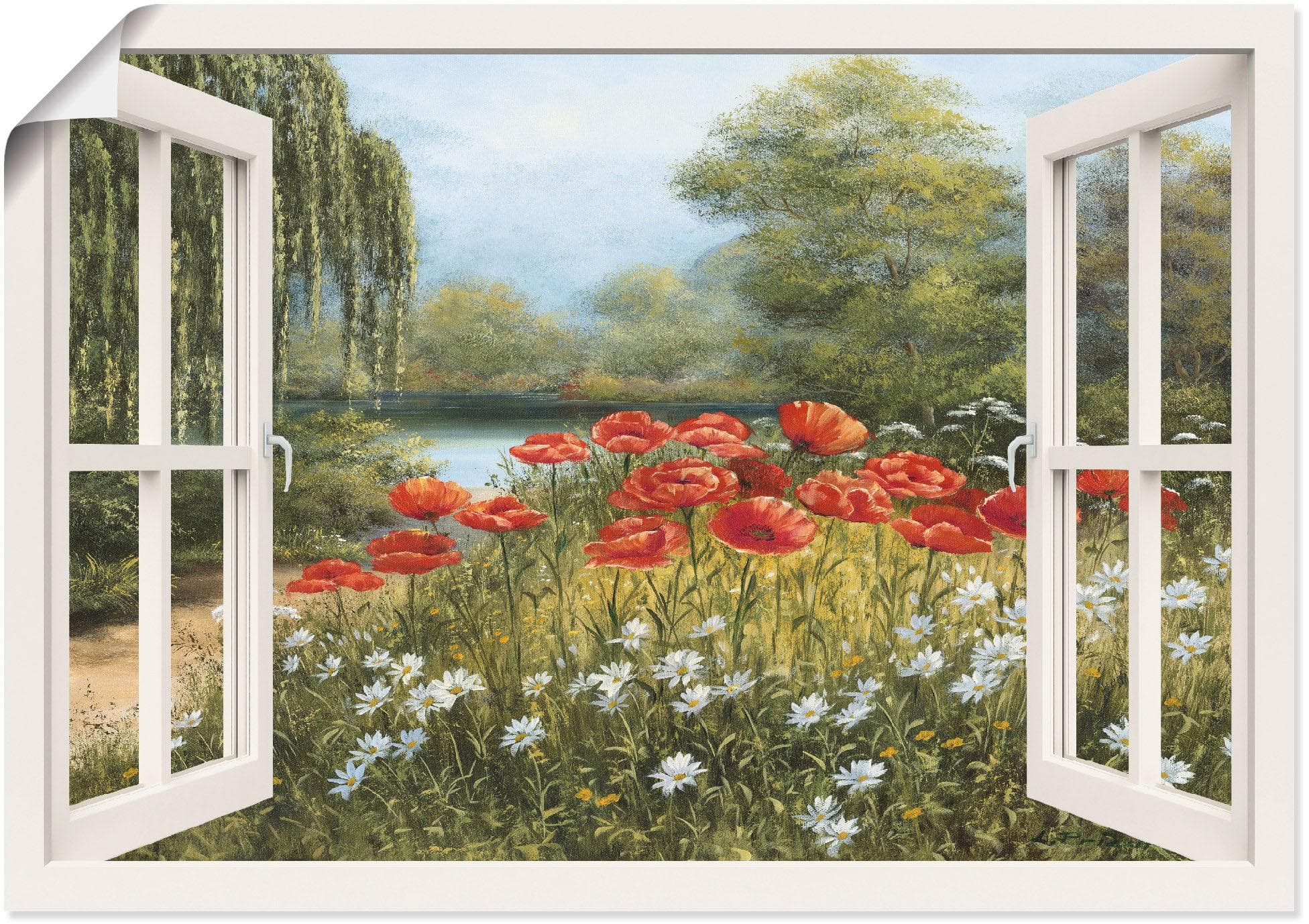 Artland Wandbild Fensterblick Mohnwiese Grün