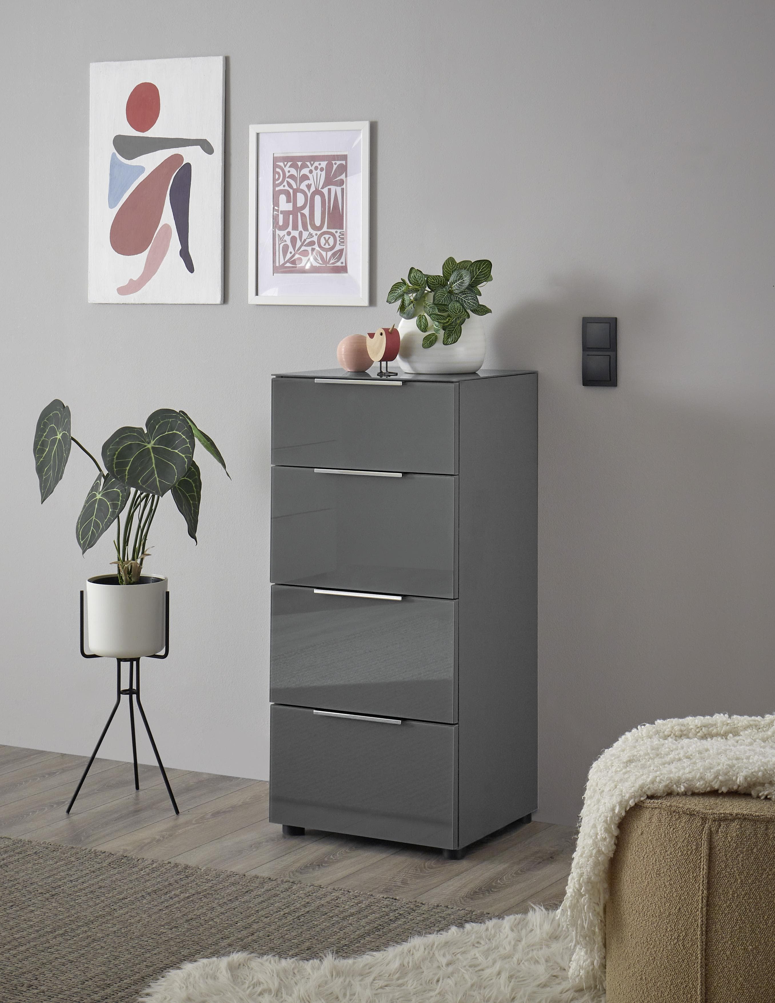 HBZ Santorin Kommode Anthrazit mit 4 Schubkästen und Glasfront