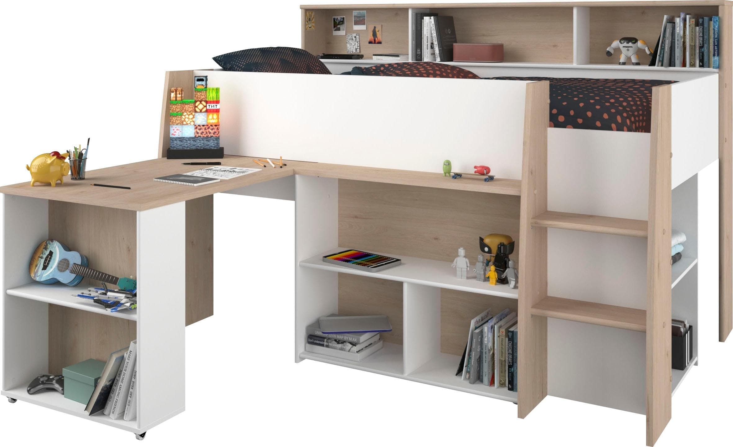 Hochbett mit Schreibtisch und Stauraum - Weiss/Japanische Eiche