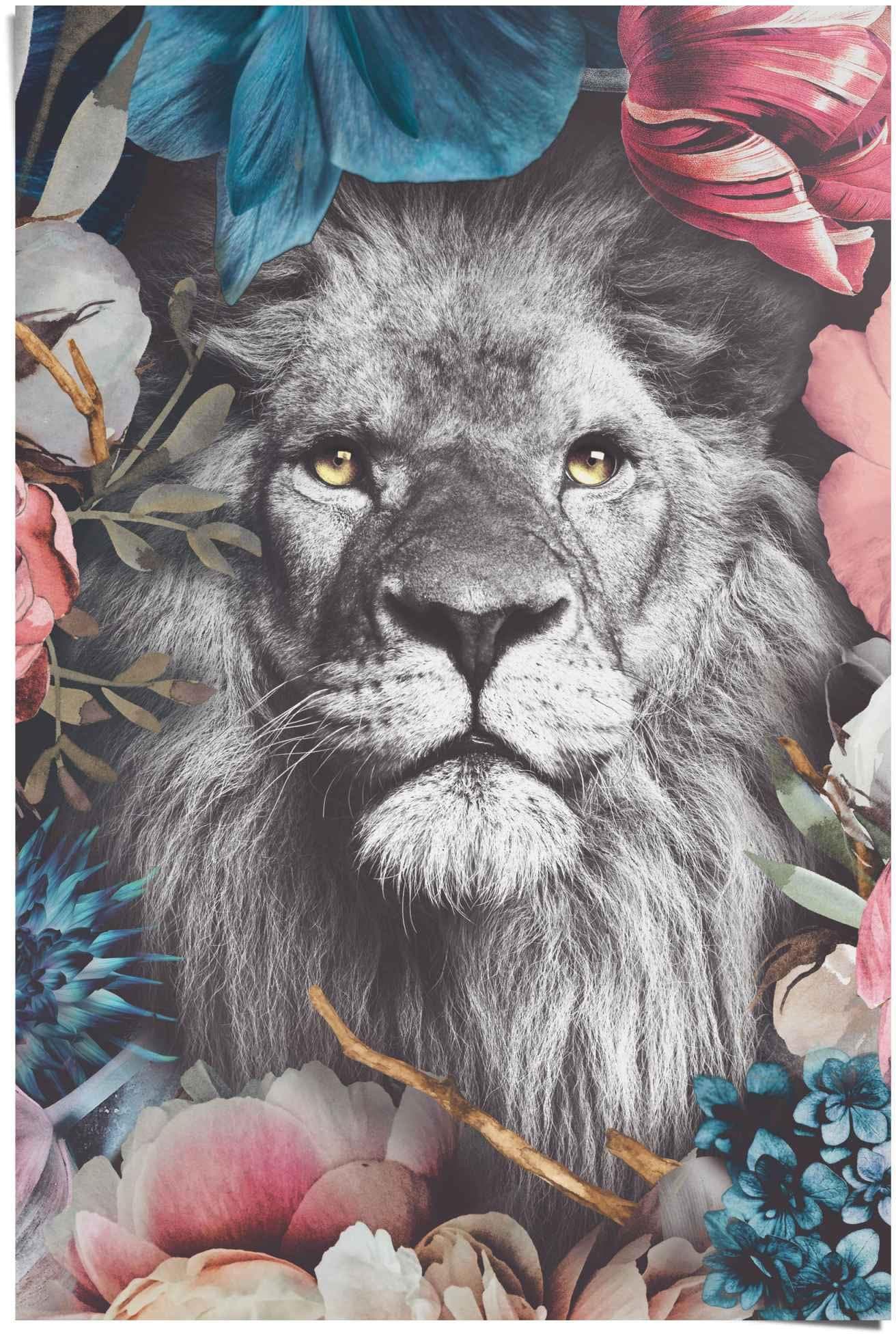Poster REINDERS Löwe Blumenkranz Pflanzen Farbenfroh Bunt