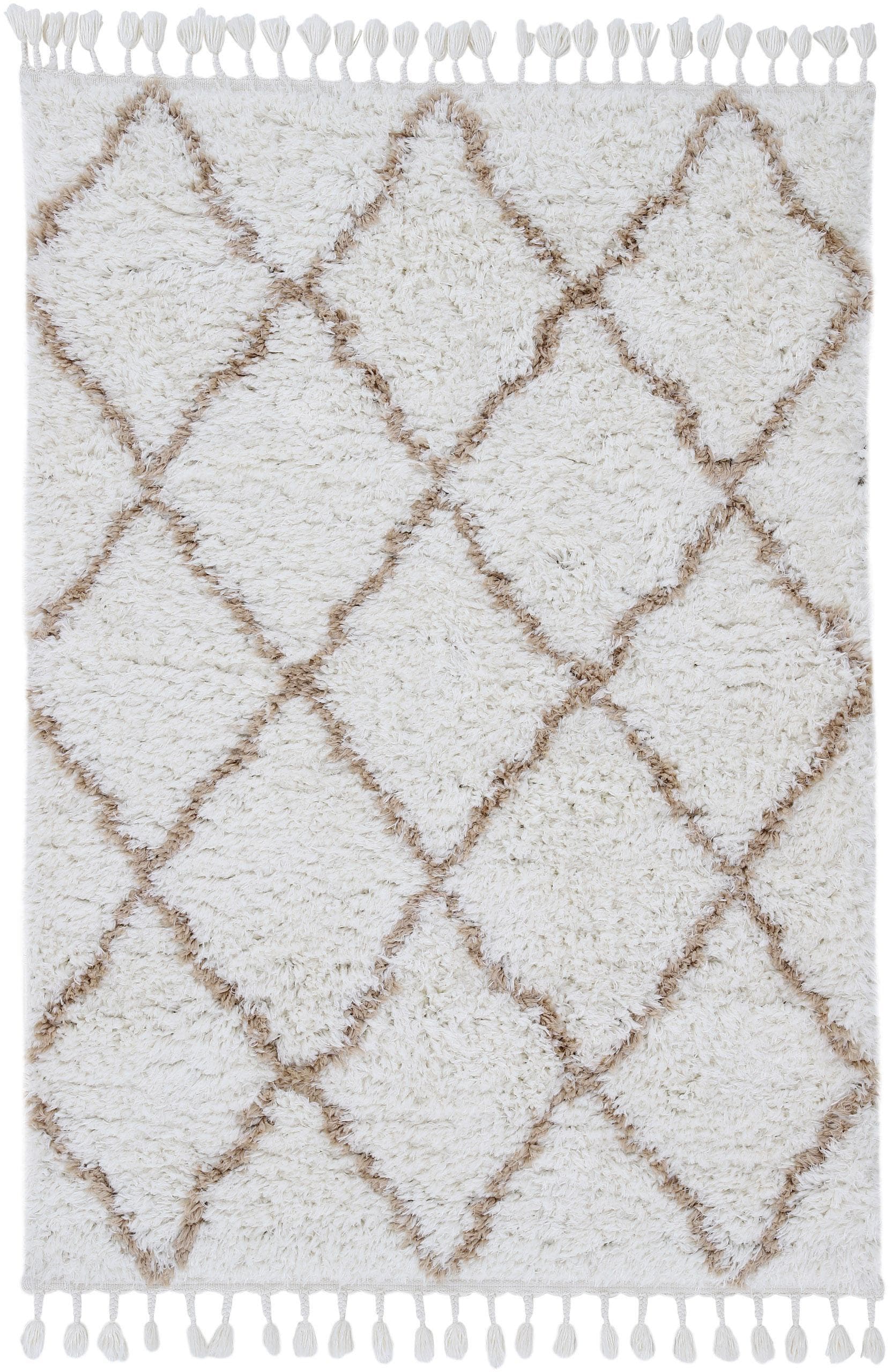 CARPETFINE Eddy Hochflor-Teppich Beige mit Fransen