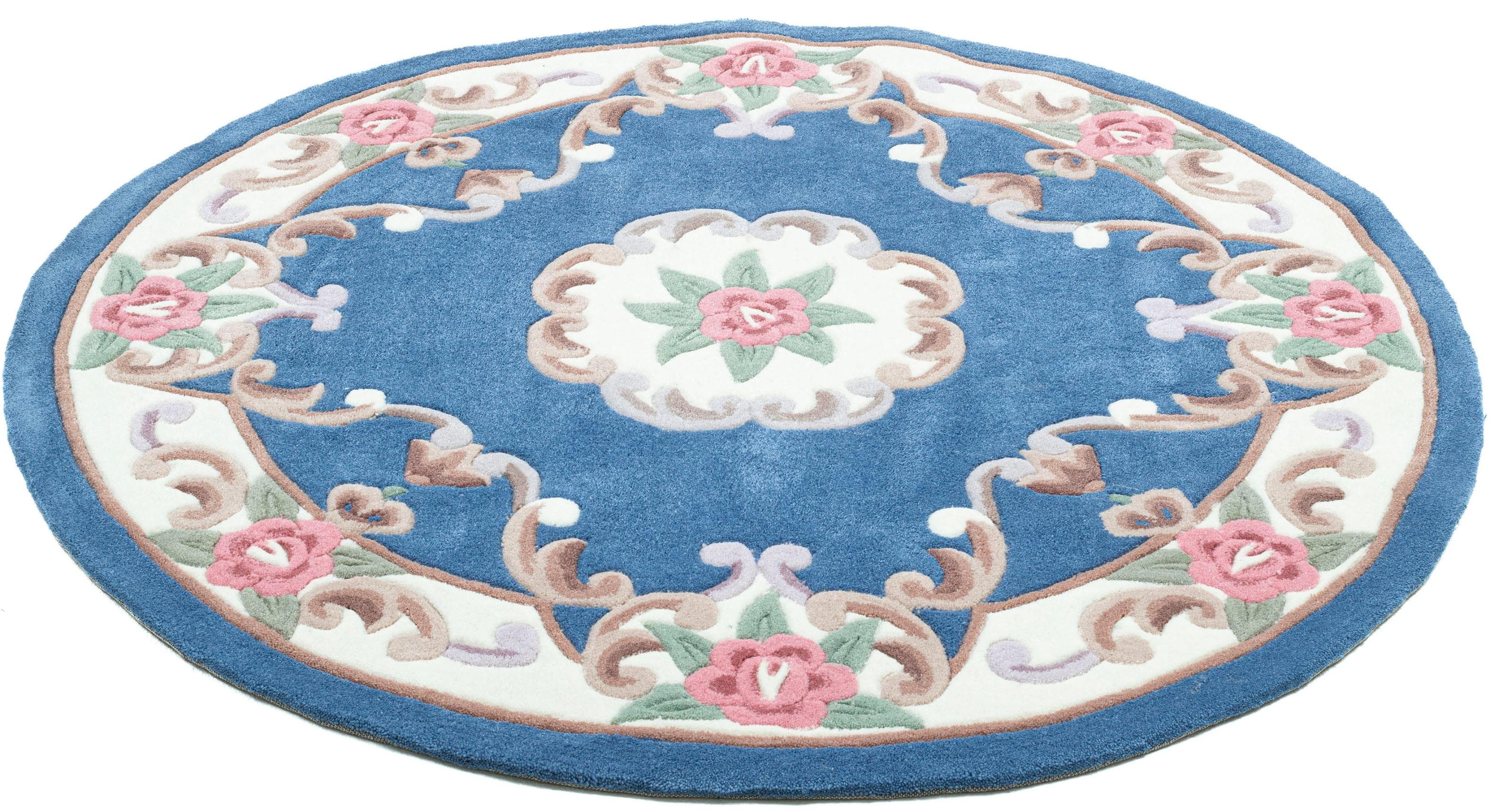 THEKO Teppich Ming Blau Rund 150cm Acryl Aubusson Design