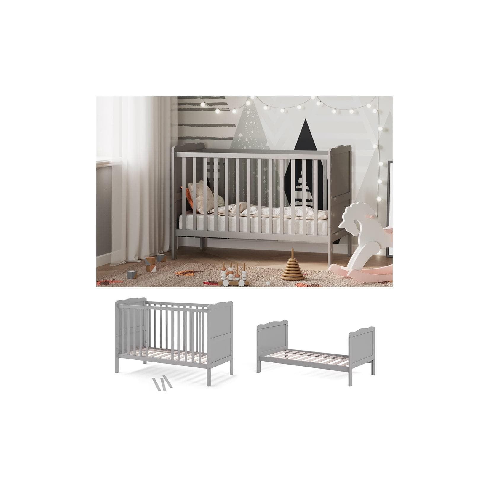 VitaliSpa® Babybett Tobi Grau Umbaubares Gitterbett mit Rausfallschutz