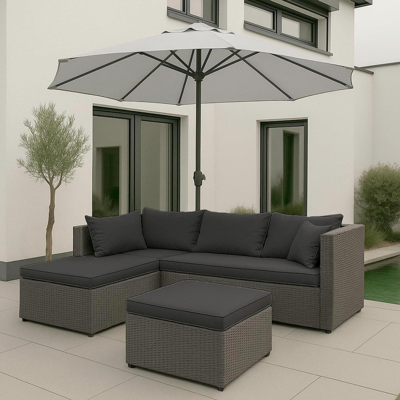 MCW Poly-Rattan Garnitur MCW-O46 Balkon-/Garten-/Lounge-Set Grau