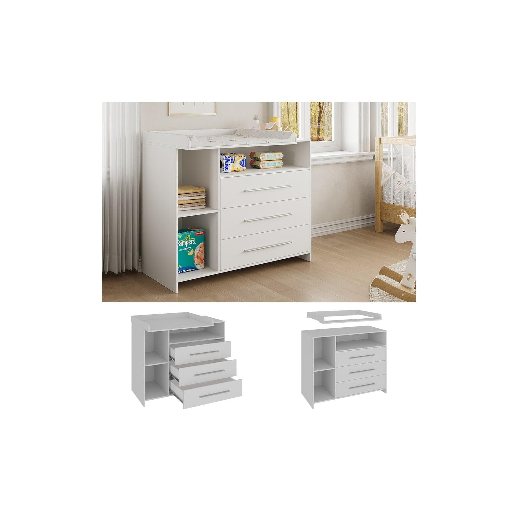 Wickelkommode Weiß mit praktischem Aufsatz