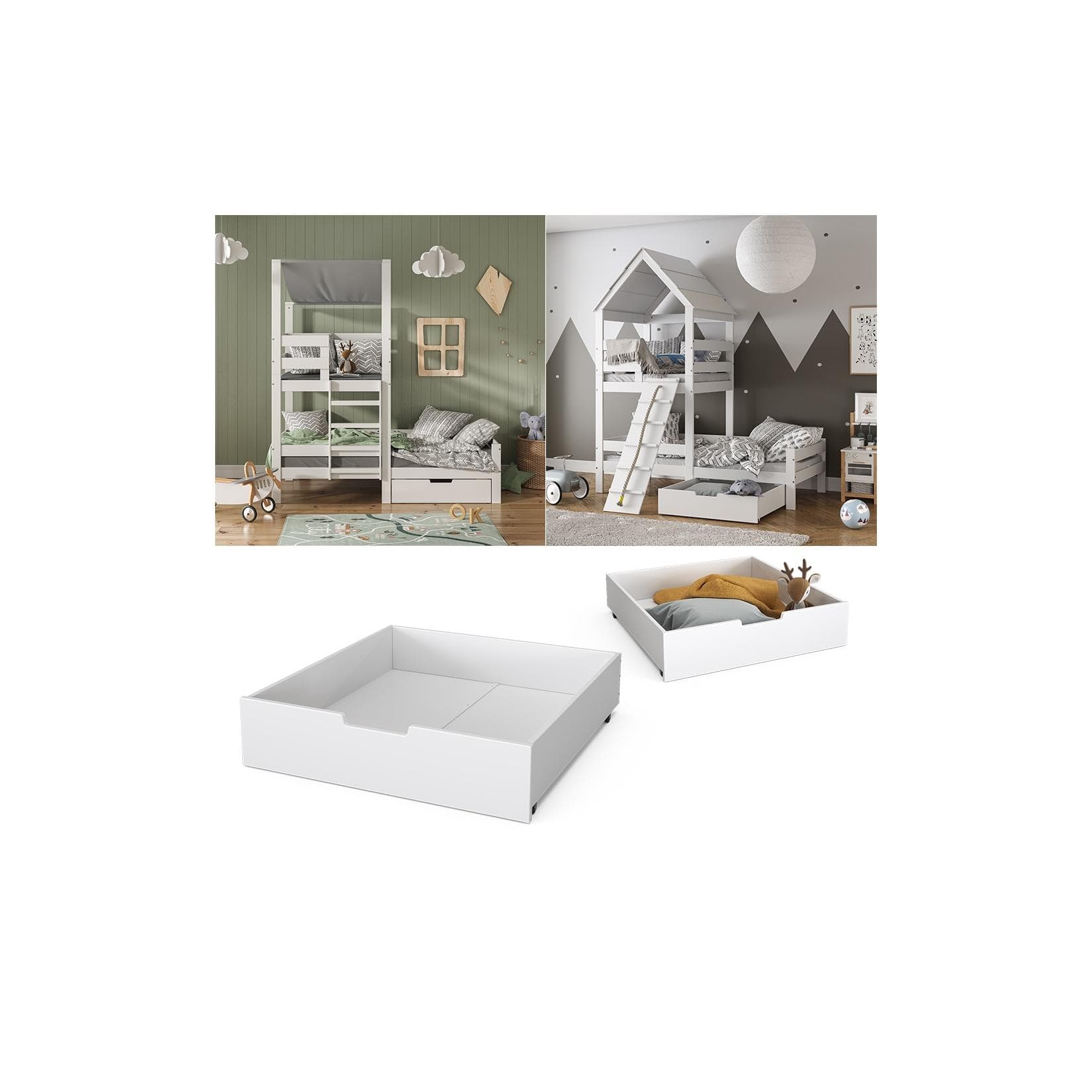 VitaliSpa Bettschublade Schubladenbett Aufbewahrung Teddy Tom weiß Kinderzimmer Bett Zubehör Spielzeug Ablage Buche Massivholz rollbar