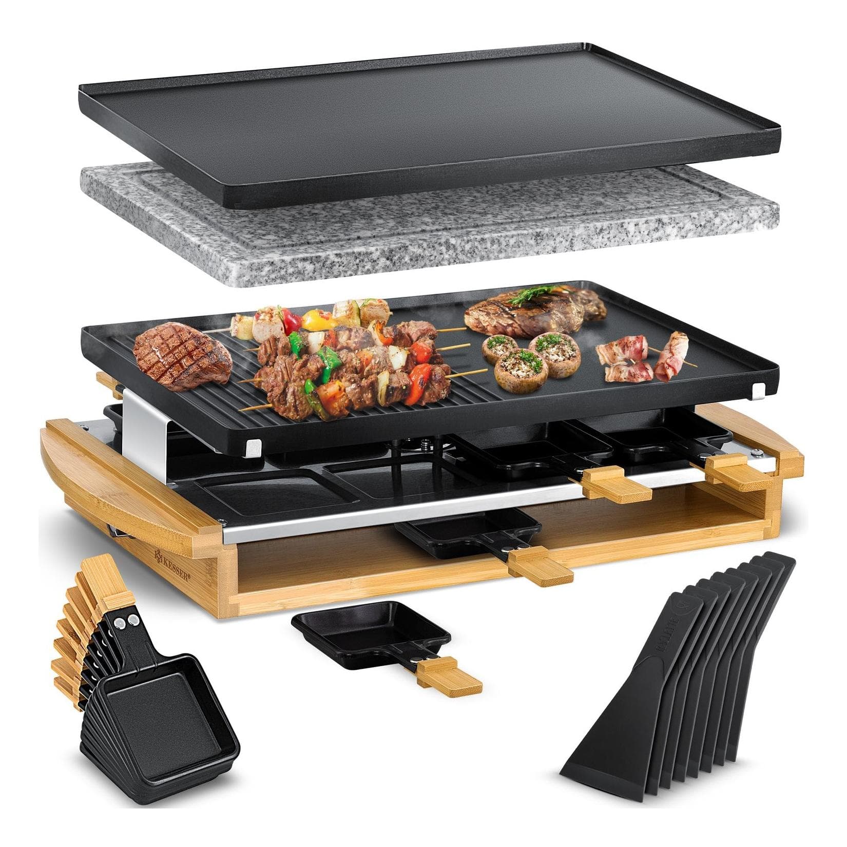 KESSER® Raclette-Grill mit Naturgrillstein, Grillplatte Tischgrill für 8 Personen, Elektrogrill 1200W