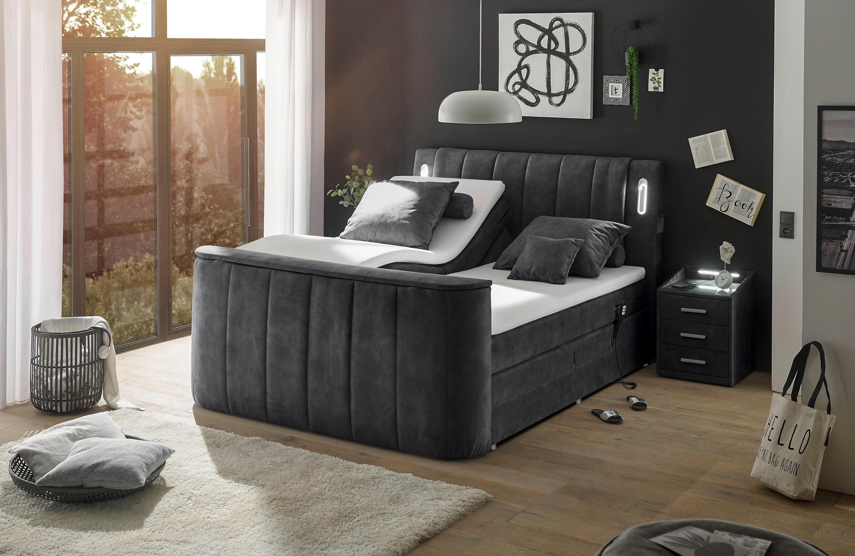 Boxspringbett Dallas Motorisiert LED TV-Halterung Anthrazit