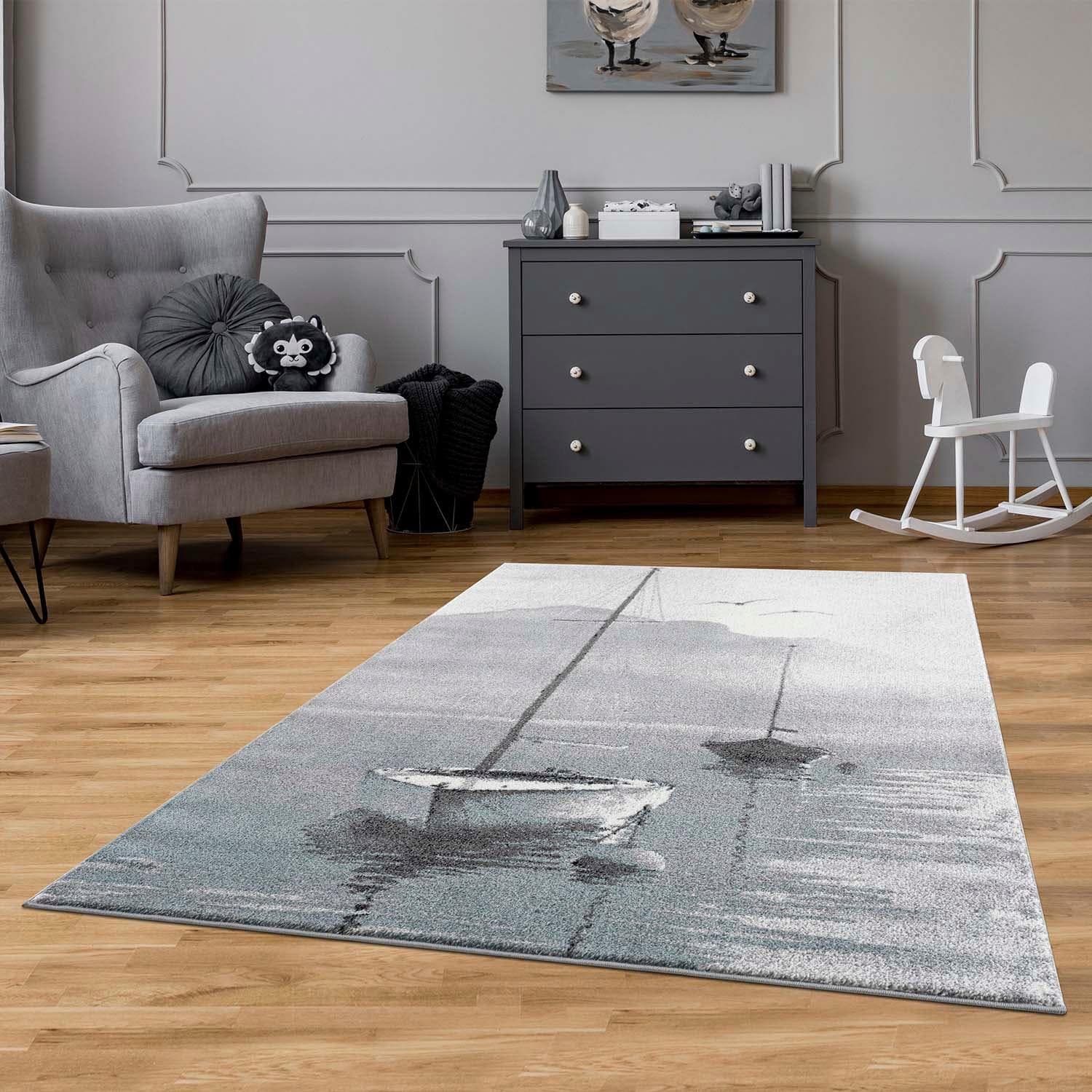 Carpet City Teppich Savanna 9368 Beige Grau Segelboot Motiv