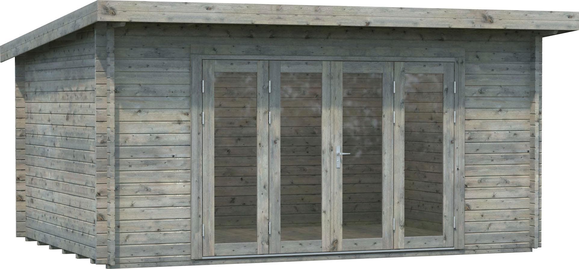 Gartenhaus aus Massivholz Fichte mit Pultdach und Falttür