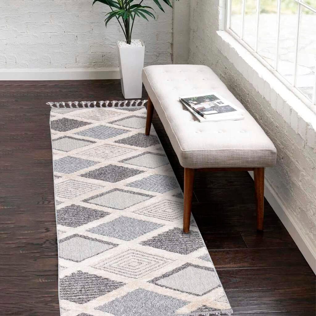 CARPET CITY Valencia 731 Hochflor-Teppich Läufer Boho Grau-Blau
