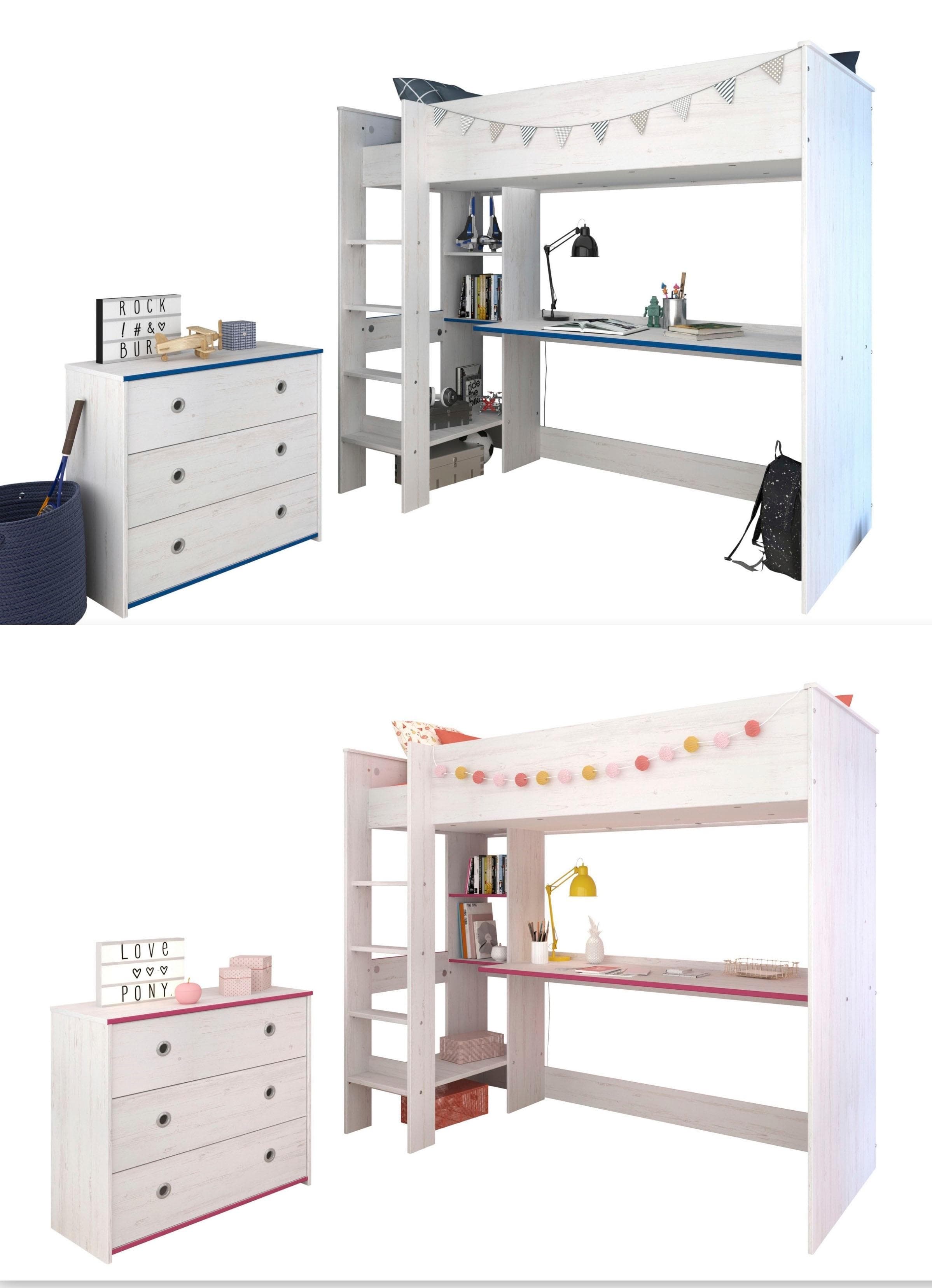 Parisot Smoozy 29 Jugendzimmer-Set Weiß mit Hochbett und Kommode