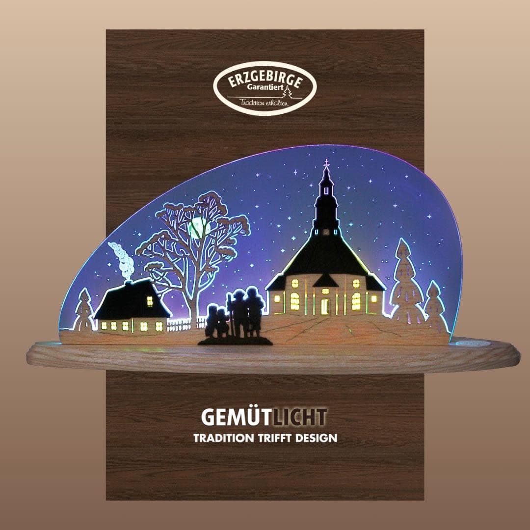 WEIGLA LED Seiffener Kirche Dekolampe Holz Acrylglas Beige Blau