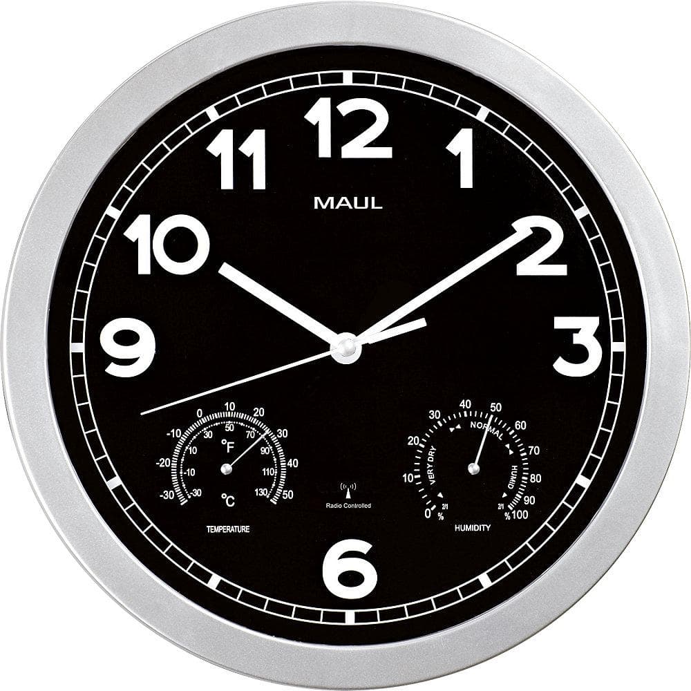 MAULdrive Wanduhr 300mm Silber Schwarz Funkuhrwerk mit Thermometer
