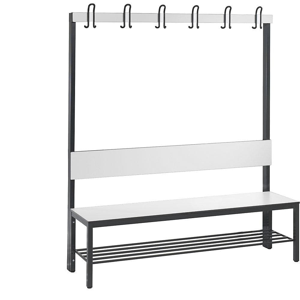 C+P Umkleidebank COMFORT mit Lehne, Hakenleiste und Schuhrost, weiß
