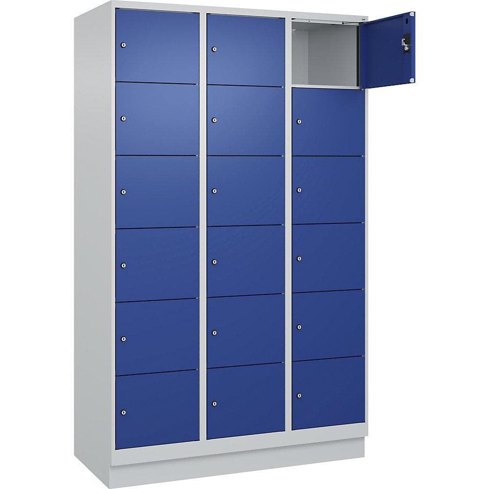 Kaiserkraft Schließfachschrank Evolo PLUS 18 Fächer Stahl lichtgrau/blau