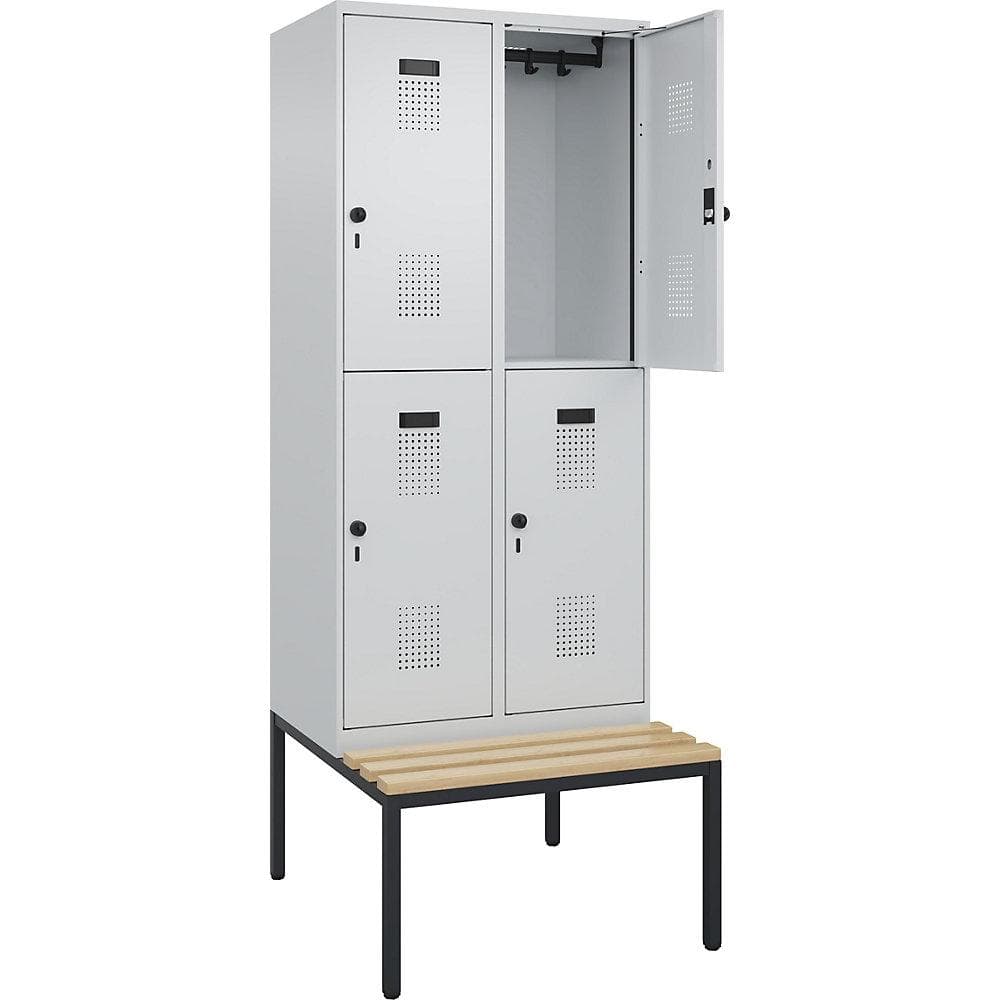 Kaiserkraft Doppelstock-Spind Evolo PLUS mit Sitzbank lichtgrau