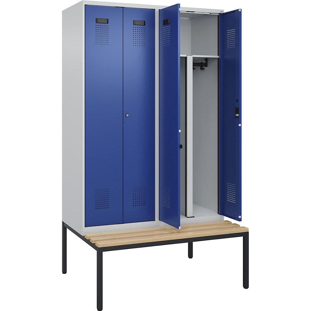 Kaiserkraft Schwarz-Weiß-Spind Evolo PLUS mit Sitzbank 4 Abteile