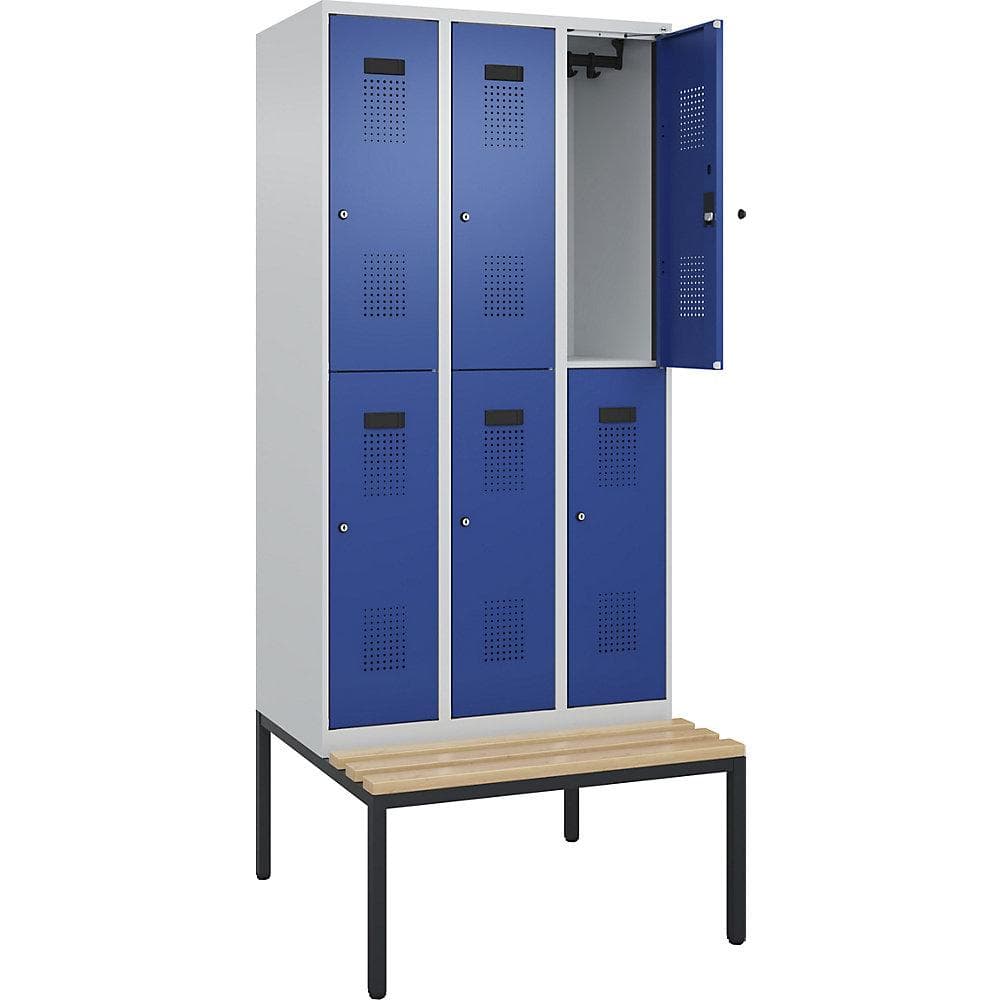 Doppelstock-Spind Evolo PLUS Sitzbank 3 Abteile lichtgrau/enzianblau